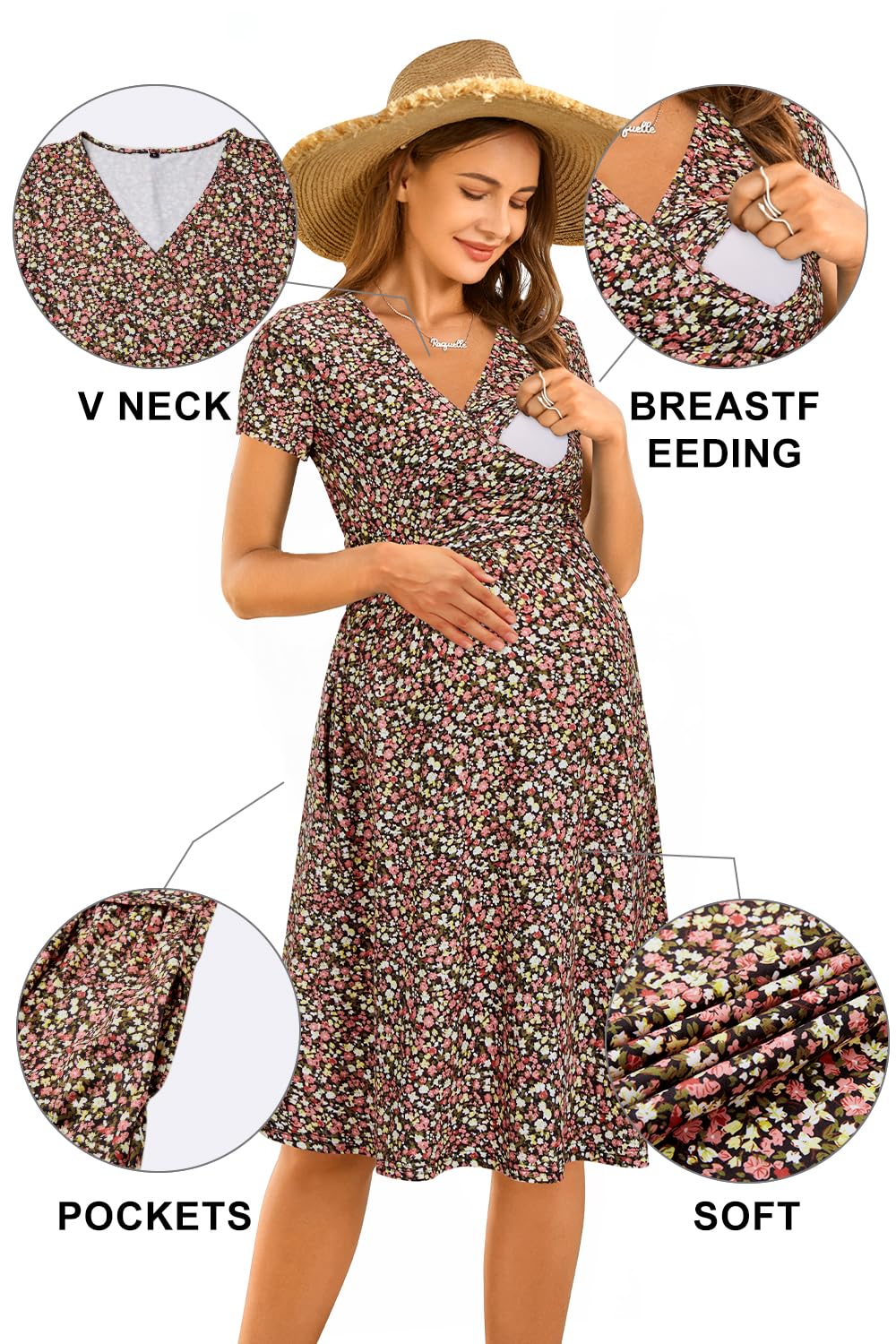 OUGES Robe De Maternité D'été Pour Femme Robe D'allaitement Décontractée à Col en V et Poches