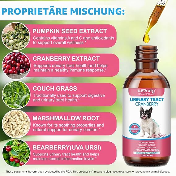Support for Urinary Tract Infections in Dogs - Natural Dog UTI Treatment Drops Cranberry Herbal Supplement for Health of Kidney and Bladder Function 60 ml