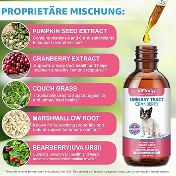 Support for Urinary Tract Infections in Dogs - Natural Dog UTI Treatment Drops Cranberry Herbal Supplement for Health of Kidney and Bladder Function 60 ml