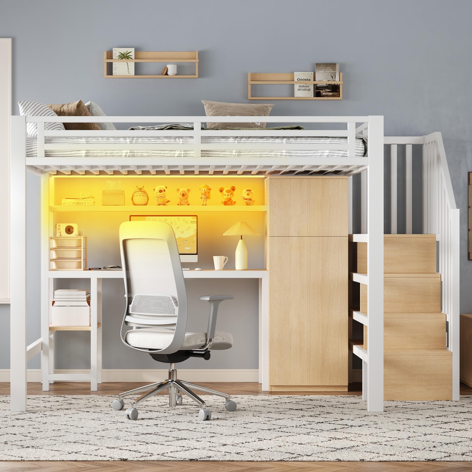 Letto a soppalco in metallo 140x200 con scrivania, mensola, armadio e scaletta contenitore, letto singolo con LED,bianco(Senza Materasso)