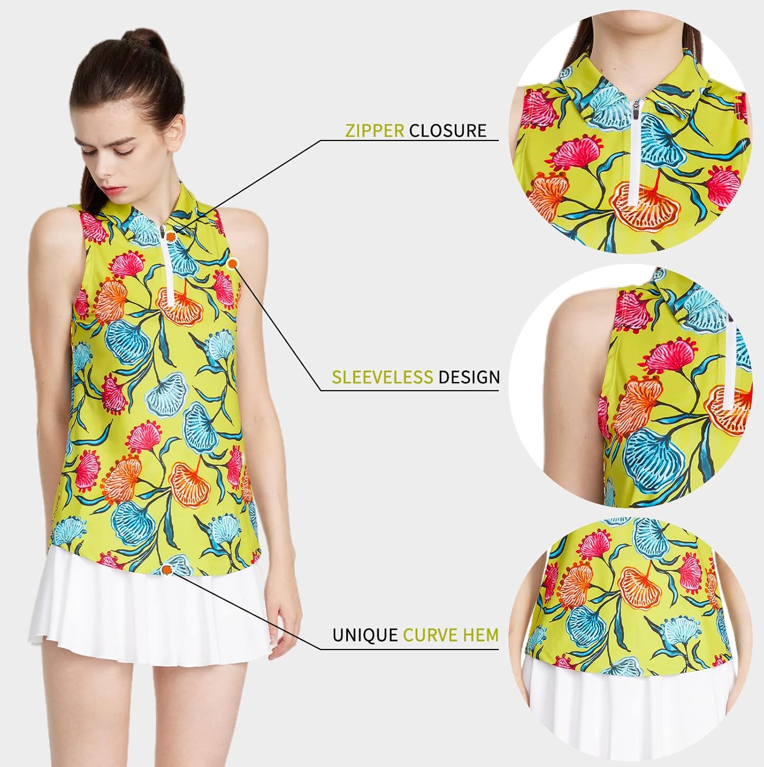 CQC Women's Sleeveless Golf Shirts Quick Dry Floral Athletic Polo with Collar Zip Up Lightweight Tennis Tank Tops Tropical Coquette S