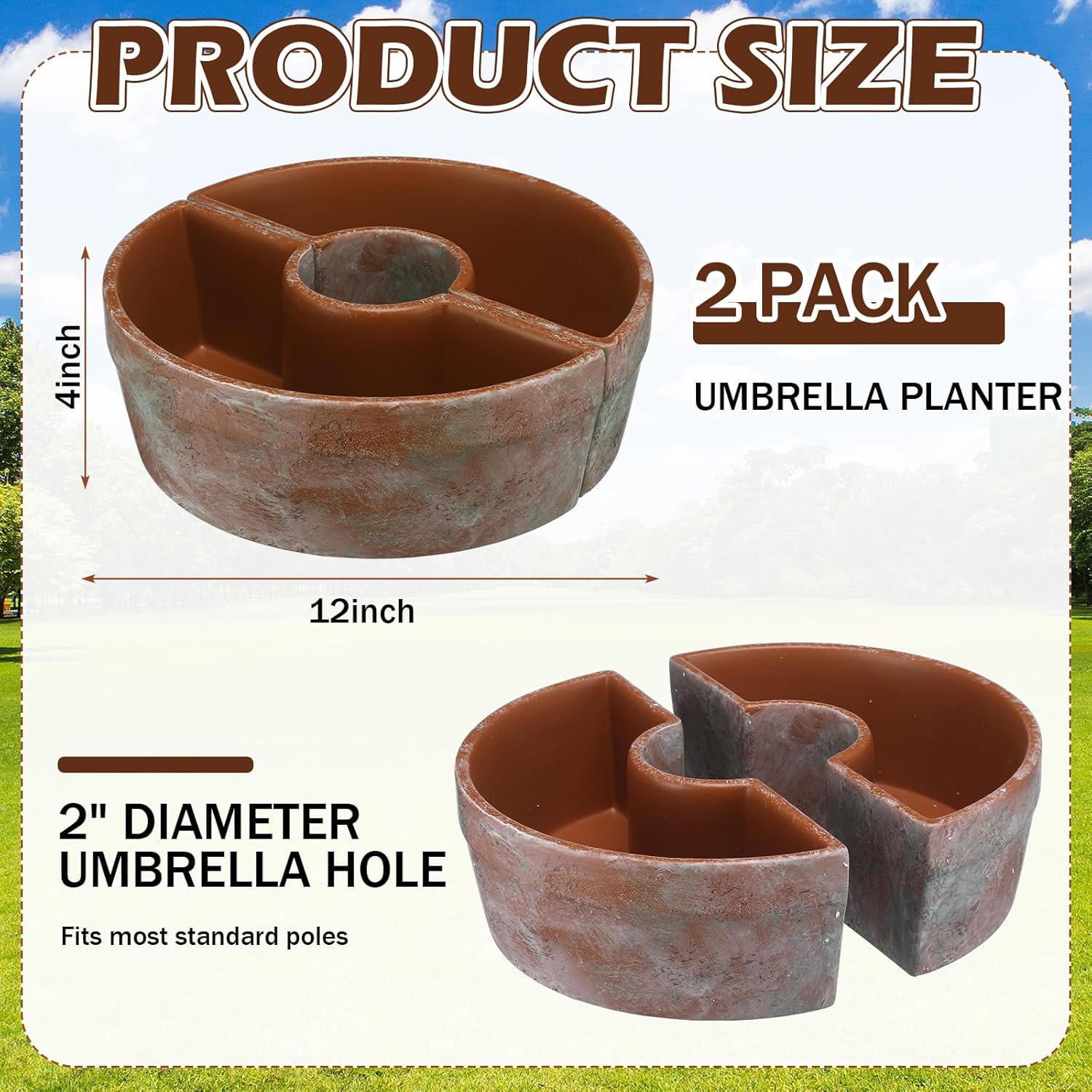 1 Set Patio Umbrella Planter Rustic 2 Pcs Half Round Terra Cotta Planter 12 Inch Cement Planters Half Circle Flower Pot for Patio Table Garden Home Plants Outdoor