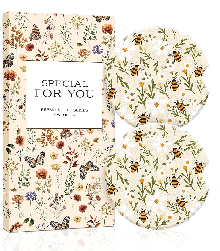 Kit com 2 Porta-Copos Automotivos de Cerâmica Absorvente Swooflia, Estampa Floral Flower Bee