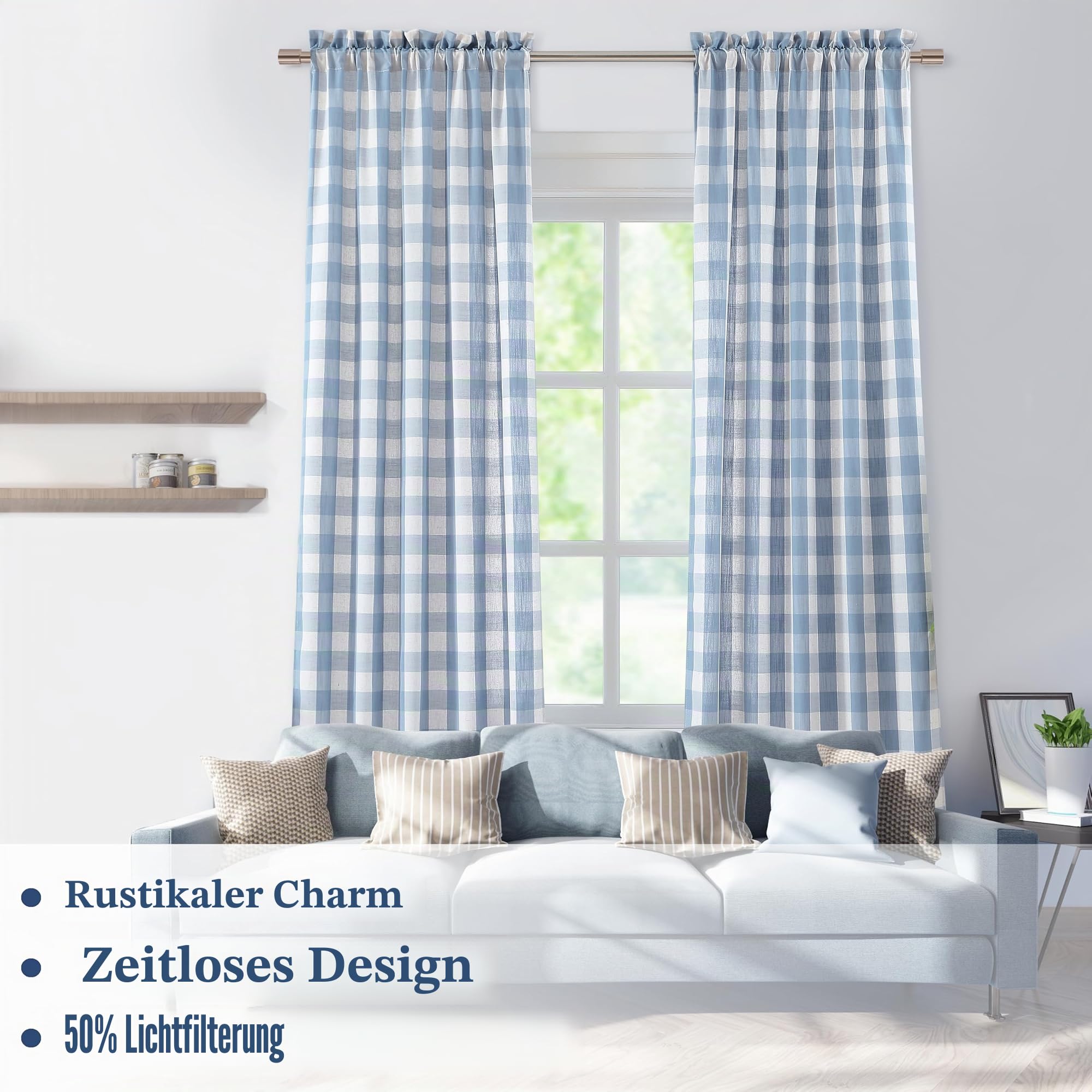 BP-CK-Blue-84RP Büffelkarierte halbtransparente Vorhänge, 213 cm lang, Leinen, staubiges blaues Büffelkaro, Vorhänge für Schlafzimmer, Wohnzimmer, Bauernhaus, Gingham-Fensterbehandlung