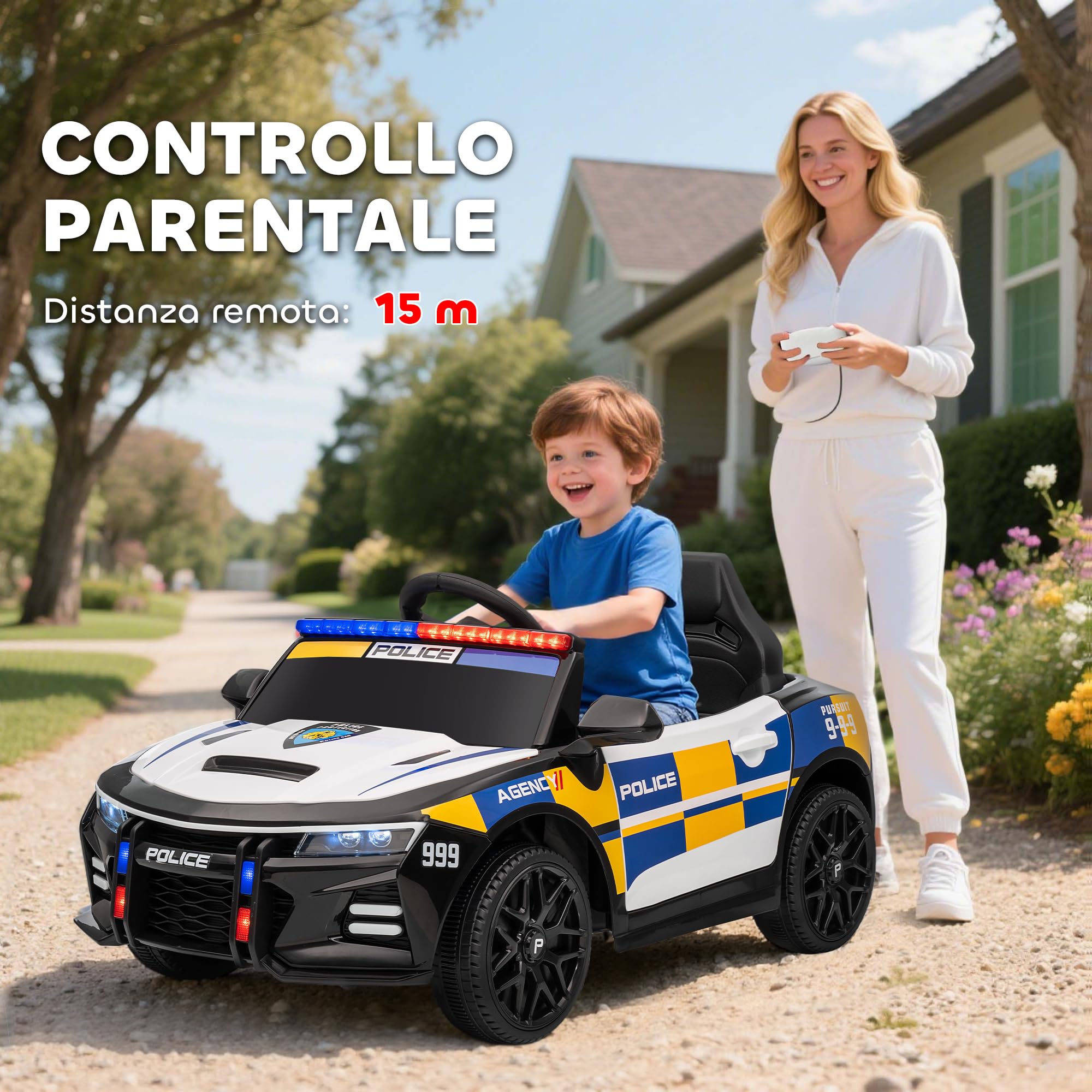 AIYAPLAY Macchina Elettrica della Polizia per Bambini 3-5 Anni 12V | Sirena e Luci, 3-7 km/h, Auto Elettrica per Bambini, 2 Motori, Sospensioni, Telecomando, USB, MP3, Musica e Clacson