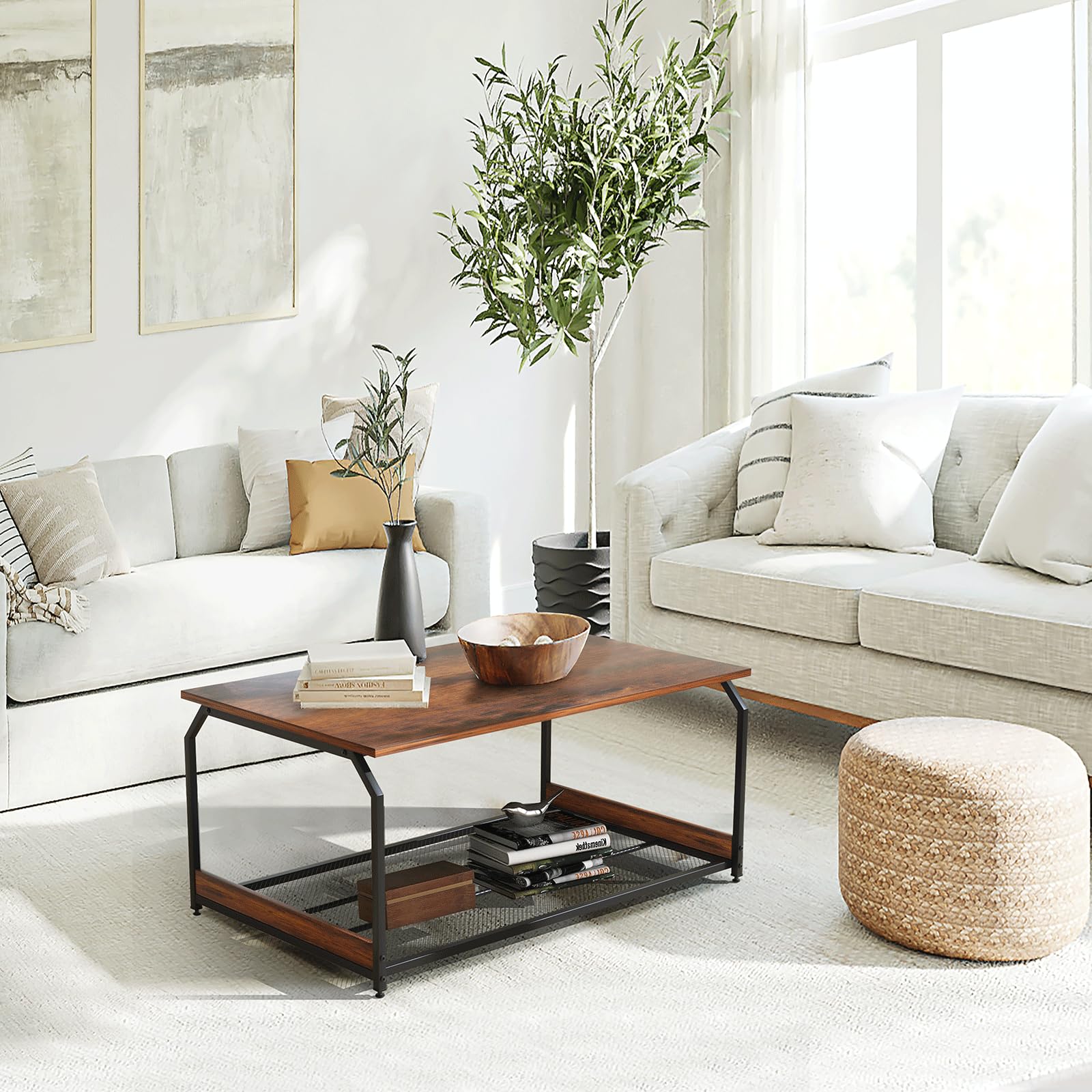 RUNTOP Coffee Table, 41" Industrial Coffee Table with Storage Shelf, 2-Tier Cocktail Table, Center Table for Living Room, Wood Look Accent Furniture, Metal Frame Tea Table, Sofa Side Living Room Table