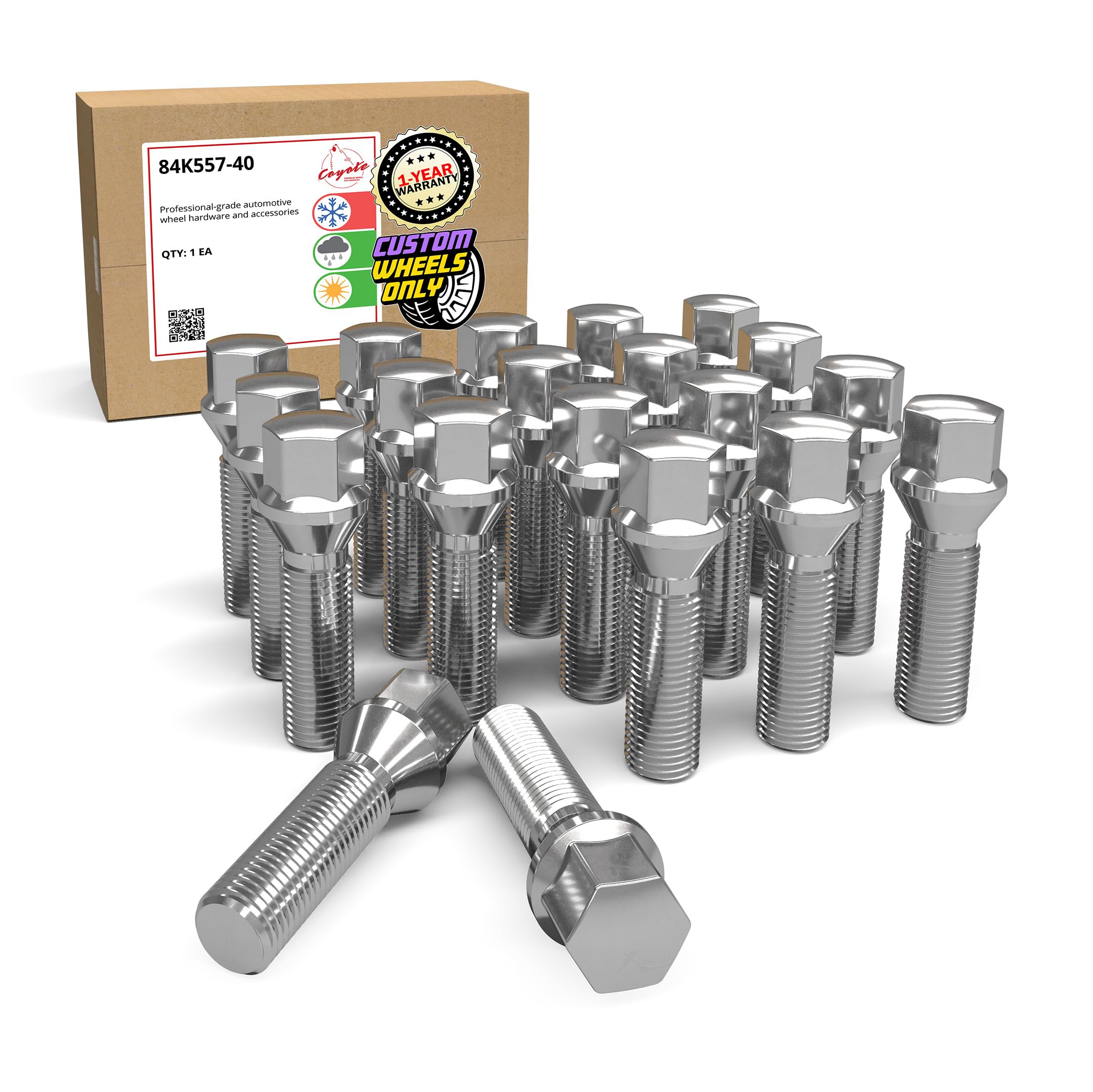Wheel Accessories Parts 20 Pcs Lug Bolt Set M14 x 1.25 14x1.25 Thread Acorn Seat Lug Bolts Chrome Finish 40mm Shank Length 17mm Hex fits BMW 3, 4, 5, 7, 8 Series, M2, M4, M5, M8, X5, X6, X7