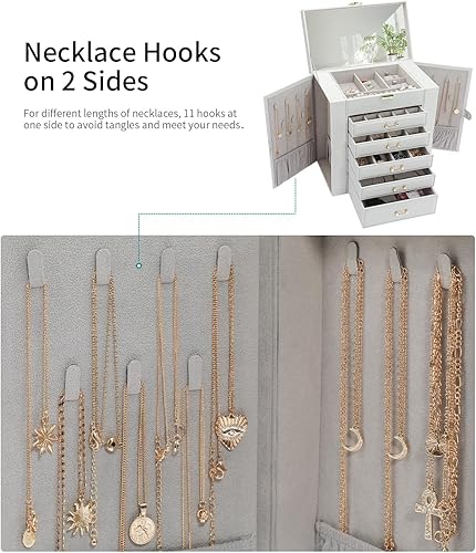 Miniatura 3 de V-LAFUYLIFE Joyero grande, organizador de joyas con 5 cajones, cajas de joyería de 6 niveles, organizador de joyas con espejo, cajas de joyería