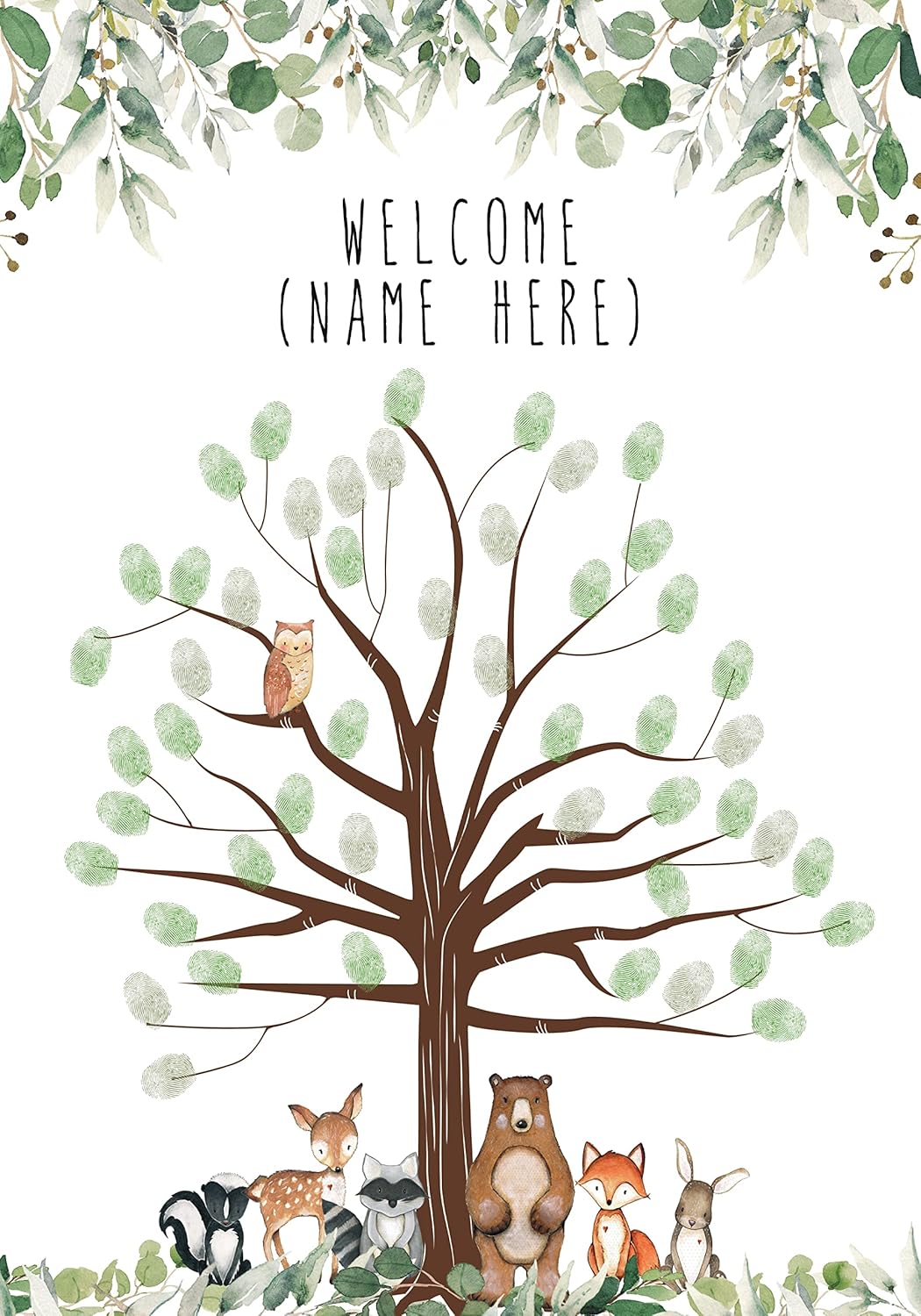 Alternative Baby Shower Guest Book – Customizable Woodland Tree with Animals Canvas Poster for Thumbprint Styled Birthday Gender Reveal Baby Showers Reception - 14x20 Inches