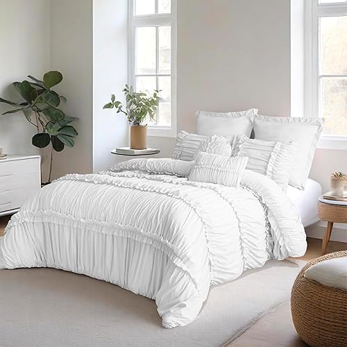 Homechoice Decor White Comforter Set Queen, 7 Piece Ruffled Bed-in-a-Bag with Decorative Pillows, Elegant French Country Style Bedding for Modern Farmhouse Bedroom Decor (LQ-43)