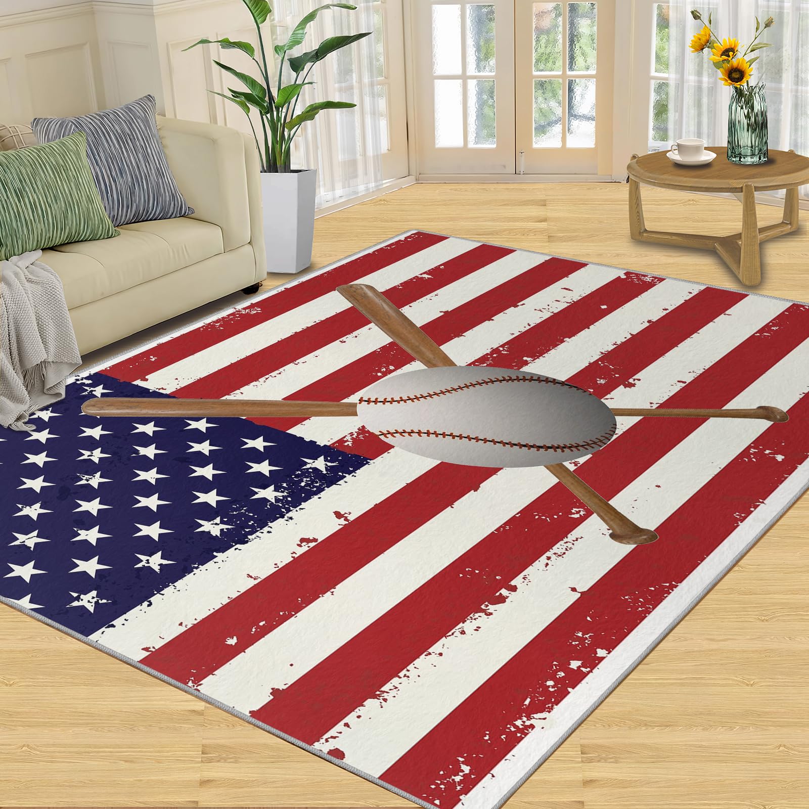 QDJKBL Nordic Retro Flag, Washable Rugs 160 X 200 Cm Baseball Rugby Sports Red White Stripes Farmhouse Rug, Soft Area Rug Dust-Proof for Classroom Home