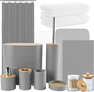 Icegrey Bathroom Accessories Set, 25PCS Bathroom Set with Shower Curtain Set and Rugs, Trash Can, Toothbrush Holder, Soap Dispenser, Soap Dish, Toilet Brush, Trash Can and Towel, Grey