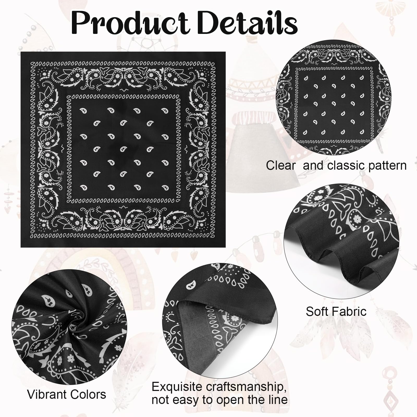 Yuanchu 50 bandane da uomo, motivo cachemire, 55,9 cm, in poliestere, da cowboy, fascia quadrata per capelli da donna