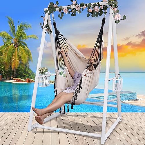 Juego de silla hamaca para colgar con cuerda y soporte con dos soportes, soporte colgante resistente con tres ganchos, multiusos para interiores y