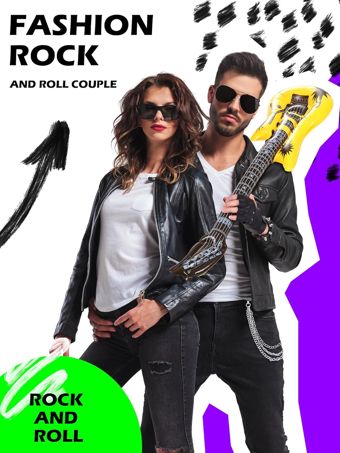 Mepase 12 Pcs 80s Rocker Costume for Men Including Hippie Wig, Sunglasses, Pants Chain, Bracelet, Headband, Tattoo Sleeve, Biker Glove and Guitar Props Punk Party Accessories - Image 4