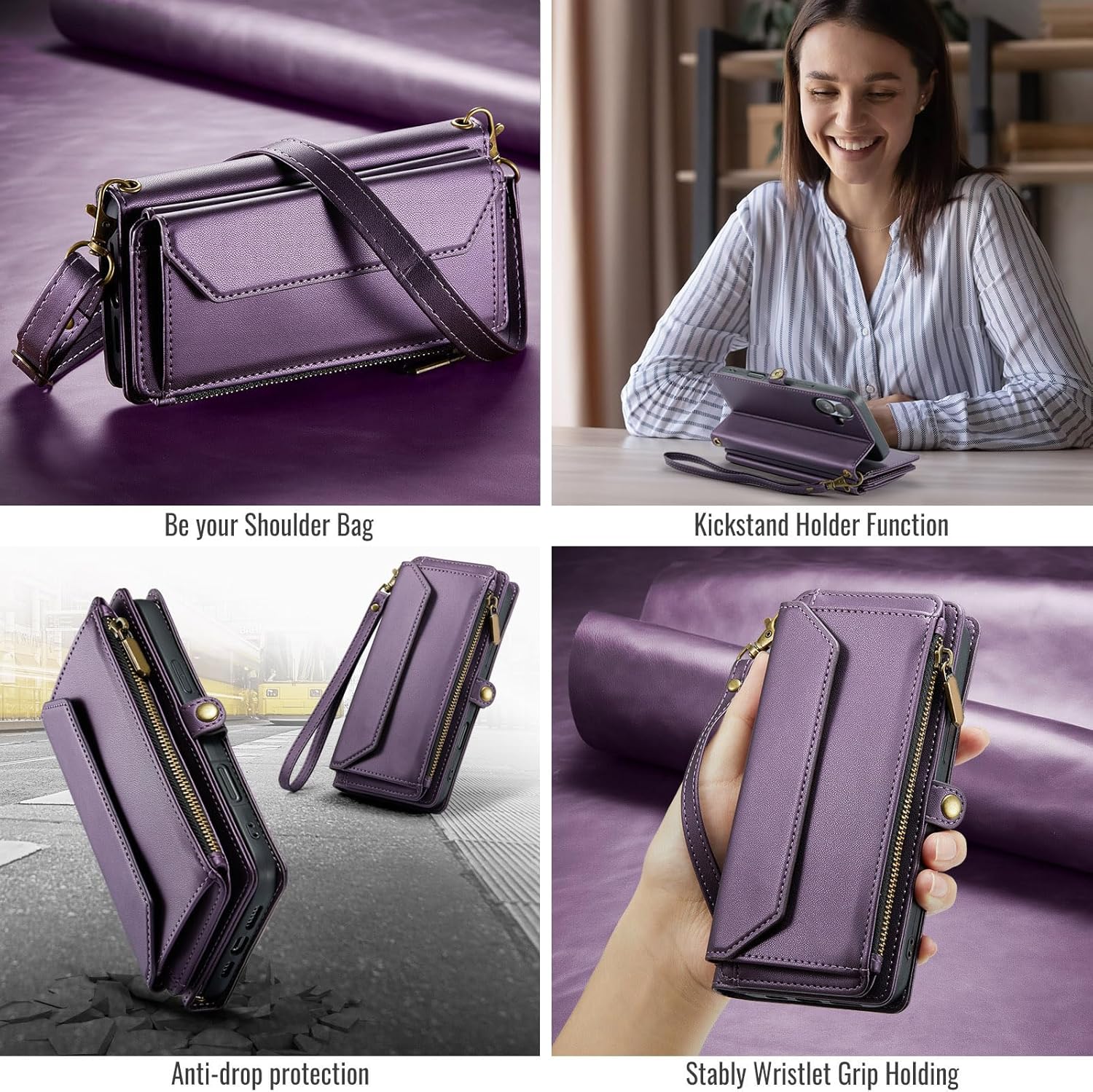 Asuwish Phone Case for iPhone 16 Plus 6.7 inch Zipper Wallet Cover with Tempered Glass Screen Protector and Flip RFID Blocking Credit Card Holder Cell i Phone16 16+ i16 + 16Plus Women Men Girls Purple
