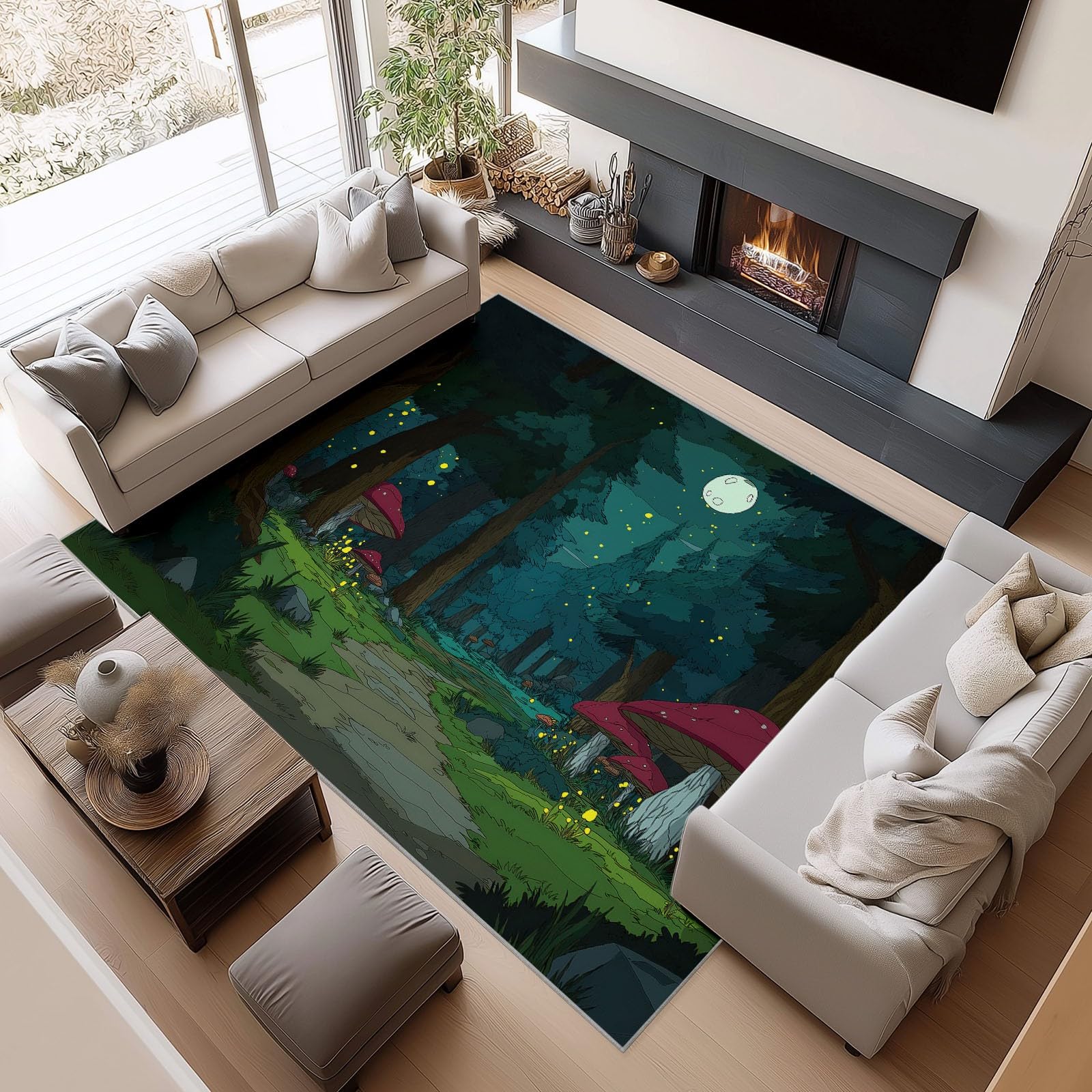 Tapis Salon Impression 3D Lune des Champignons De La Forêt 160x230cm Tapis Moderne Poils Courts Doux Antidérapant Lavable pour Chambre Enfant