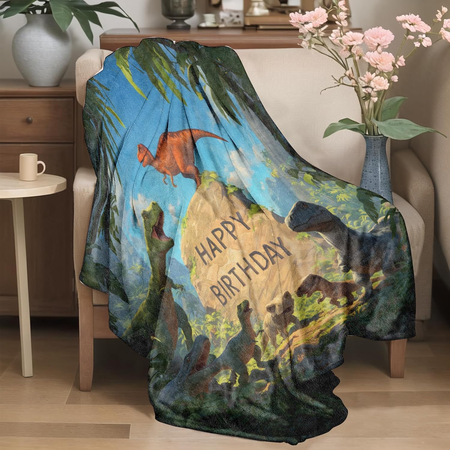Dinosaur Flannel Blanket, Warm Lightweight Jungle Wildlife Throw Blankets for Couch, Picnic, Travel and Gathering, Realistic Design for Kids Boys, Decorate All Season Gifts 50x60 Inch