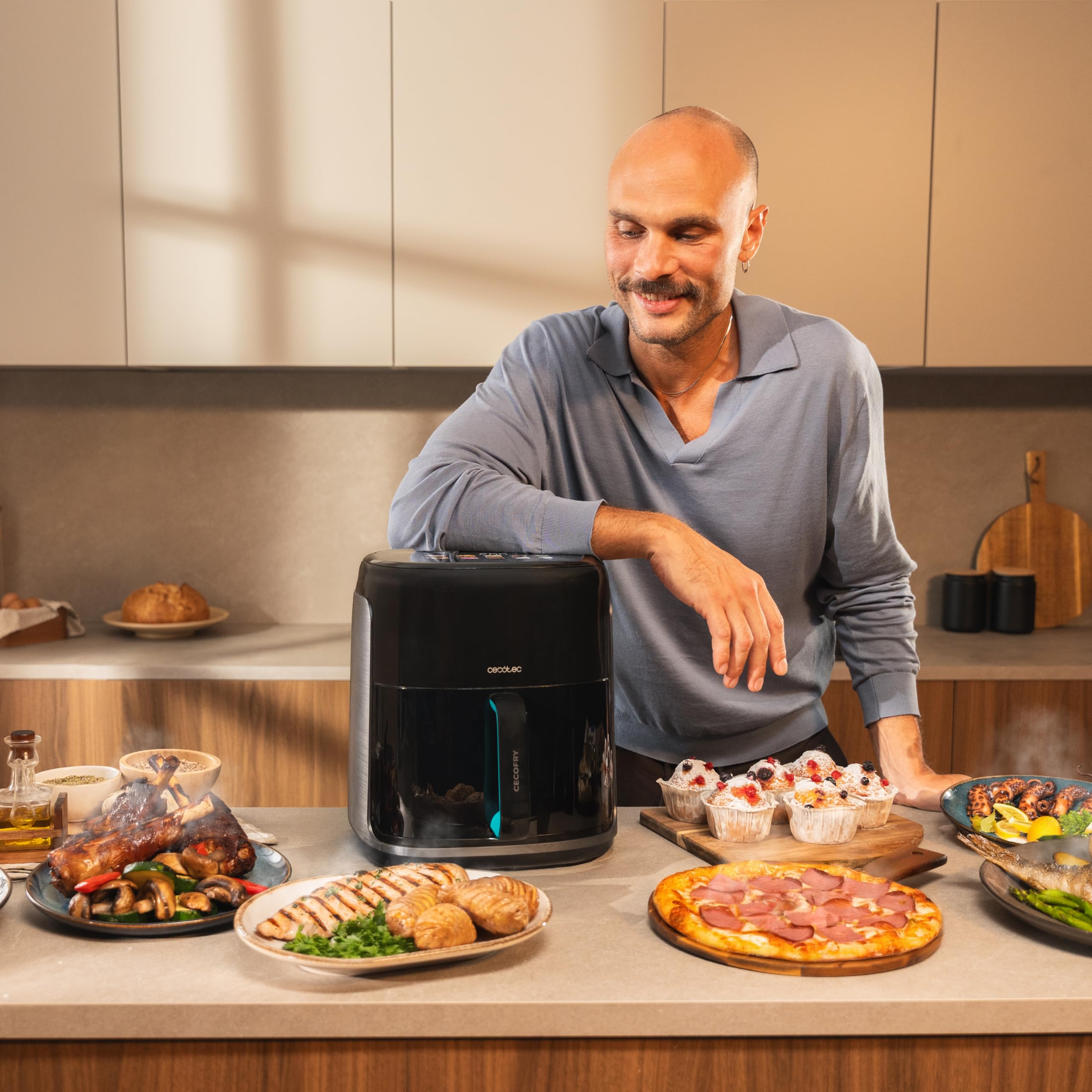 Cecotec Freidora de Aire sin Aceite 6,5L Plancha Grill con 4 Resistencias Ahumador Integrado Air Fryer Cecofry&Grill Smokin'Prime 6500. 2200W, Pared Divisoria Móvil, 40-20ºC, 10 Menús