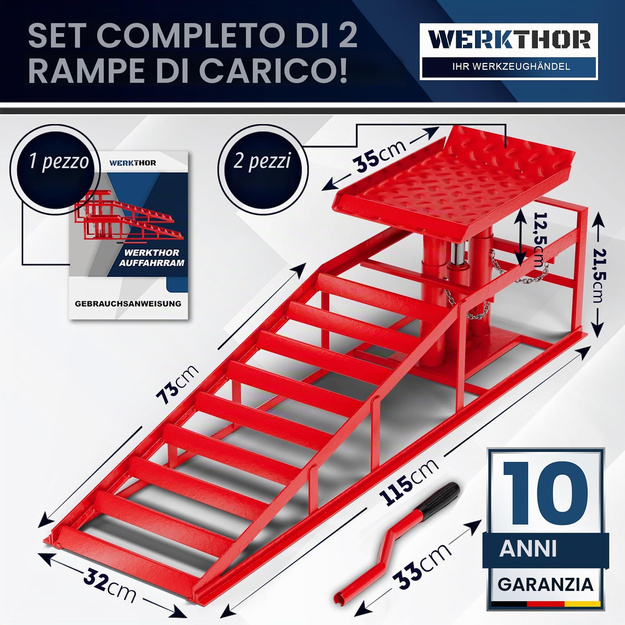 WERKTHOR Rampa idraulica per auto (Set da 2 Rosso) – rampa di carico con valvola di sicurezza/sovrapressione [<4T] – rampa regolabile in altezza auto – ponte sollevatore auto