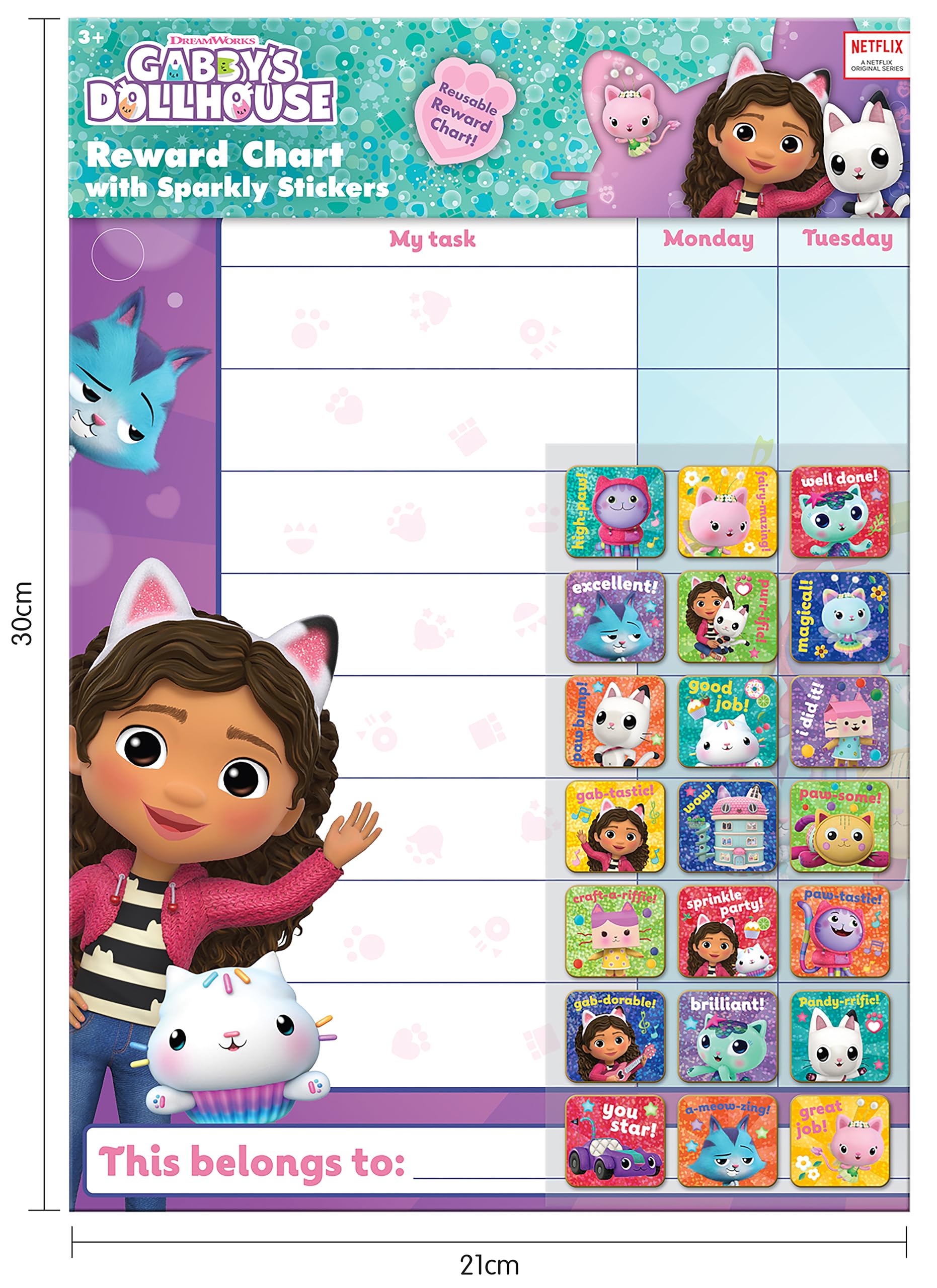 Paper Projects 01.70.30.051 Gabby's Dollhouse Everyday Reward Includes 56 Sparkly Stickers | Colourful Chart is Wipe-Clean, Mulitcoloured, 29.7cm x 42cm