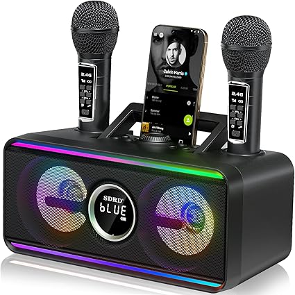 SD-216 Karaoke Machine for Adults & Kids – 2 Wireless Mics, 80W Powerful Loud Sound, Bluetooth, Rechargeable, Foldable Handle, LED Lights, Supports BT/USB/AUX, for Home Parties Gatherings Gifts