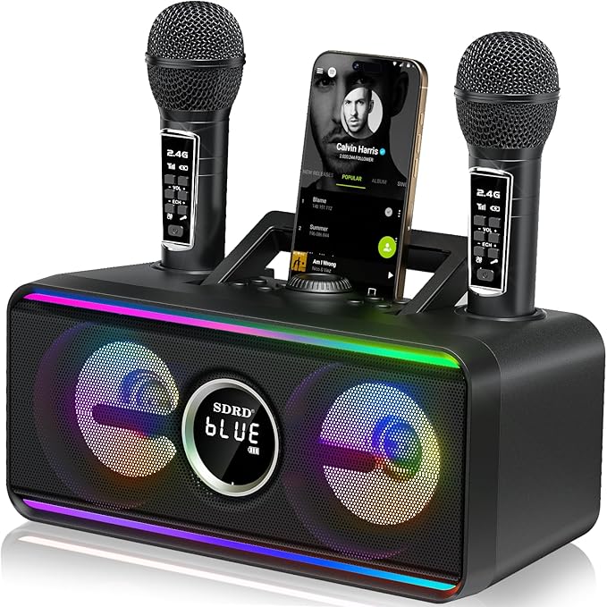 SD-216 Karaoke Machine for Adults & Kids – 2 Wireless Mics, 80W Powerful Loud Sound, Bluetooth, Rechargeable, Foldable Handle, LED Lights, Supports BT/USB/AUX, for Home Parties Gatherings Gifts