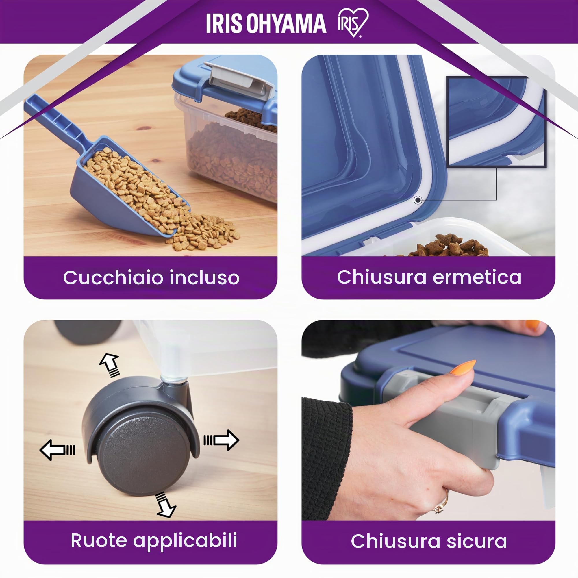 Iris Ohyama, Contenitore per Crocchette Ermetico, 30L+10L, Blu, Ermetici, Plastica, con Coperchio, Per Cibo per Gatti, Cani, Cibo secco, Crocchette, Dolci, MP-8&MP-1