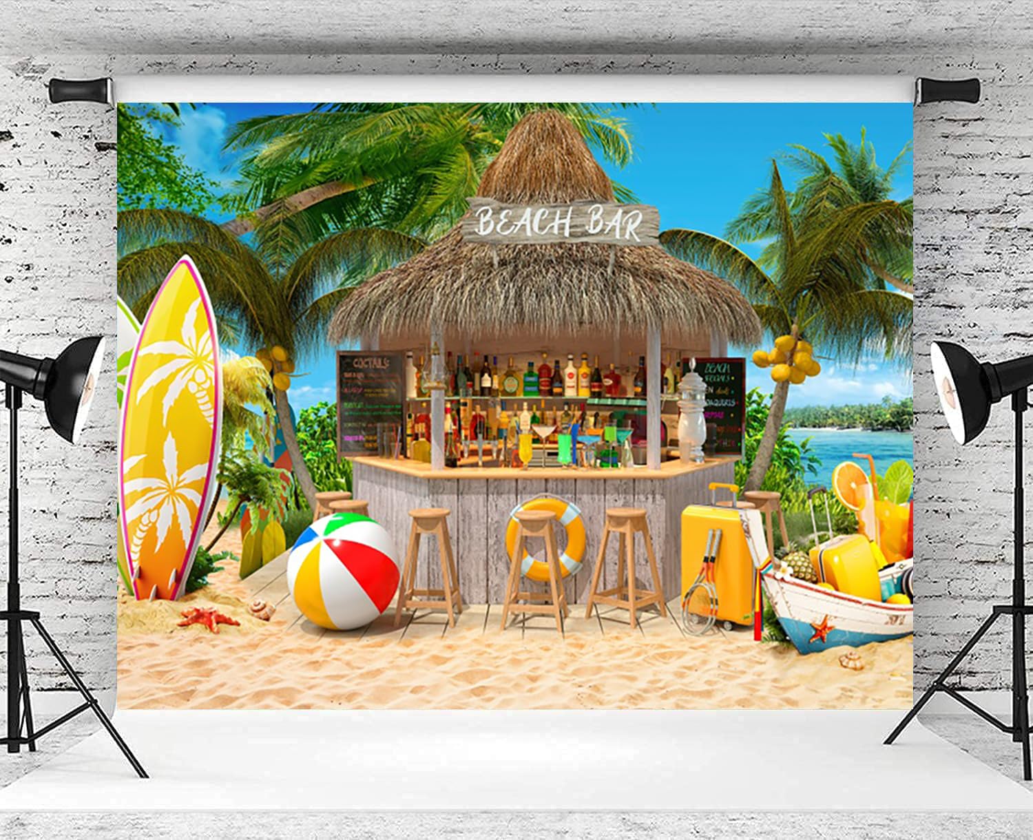 Sfondo Fotografico Spiaggia Hawaii 3x2.5m, Estate Tropicale Palme Spiaggia Bar Tavola da surf Luau Tiki Tema Fotografia Sfondo Hawaii Aloha Compleanno Festa Decorazione Banner Studio Puntelli