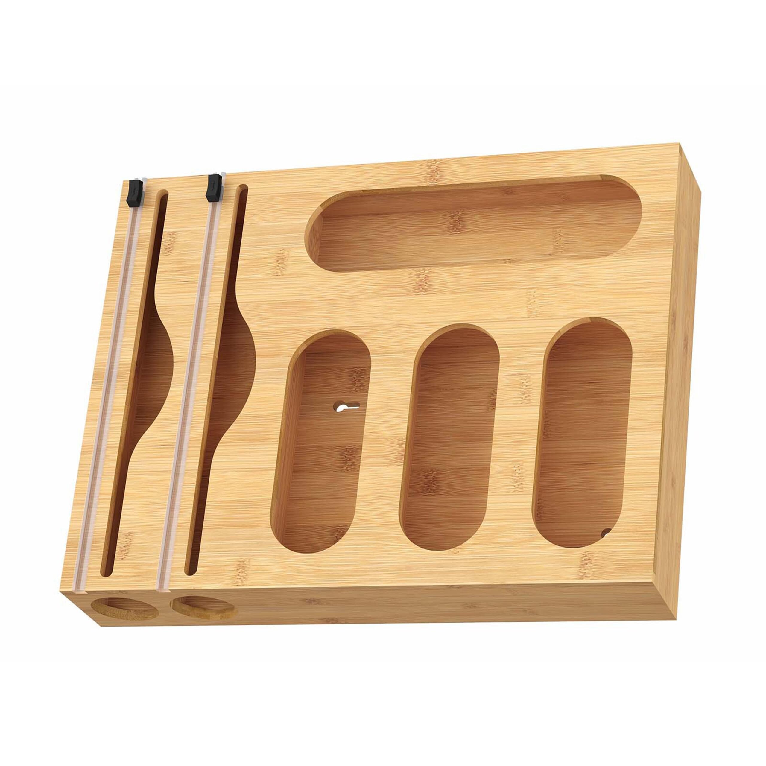 Relaxdays Distributeur 6 en 1 Films Alimentaires, alu, Sacs congélation, Bambou, Mural/tiroir, 43,5x33,5x7,5 cm, Naturel