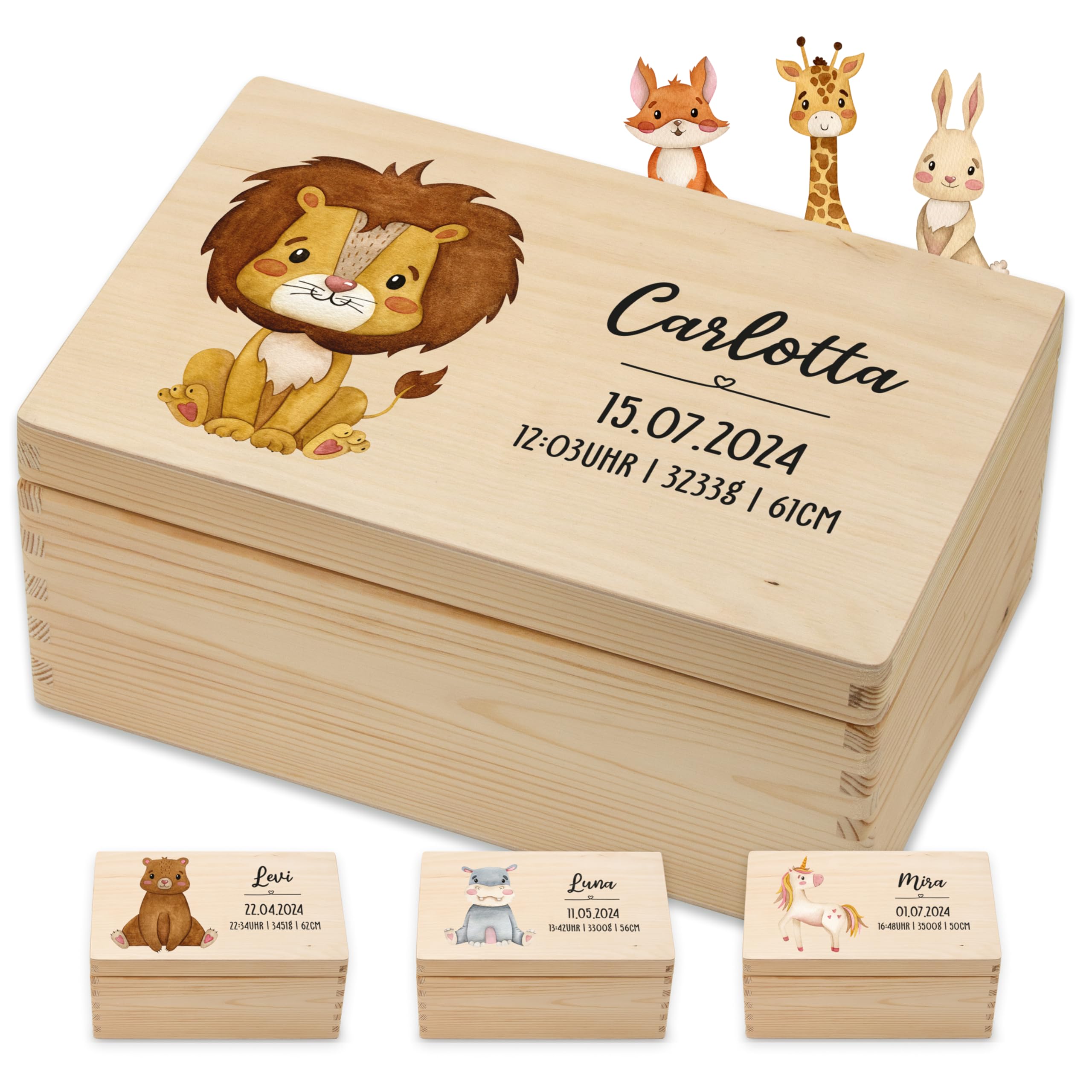 Lilletå ® Erinnerungsbox Tiermotiv ganz (001.01) - Erinnerungskiste Baby mit Hochwertigem Farbdruck - Baby Kind Erinnerungsbox Holz - Geschenk Geburt Mädchen Junge