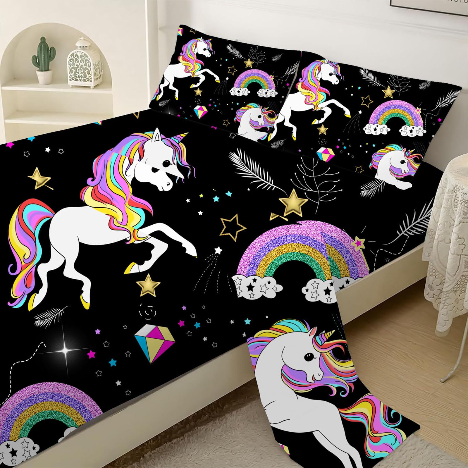 VTKON Black Unicorn Sheets Set Queen Cute Unicorn Bedding Set Teen Girl Bedding Rainbow Sheets Set Include 1 Flat Sheet + 1 Fitted Sheet + 2 Pillowcases