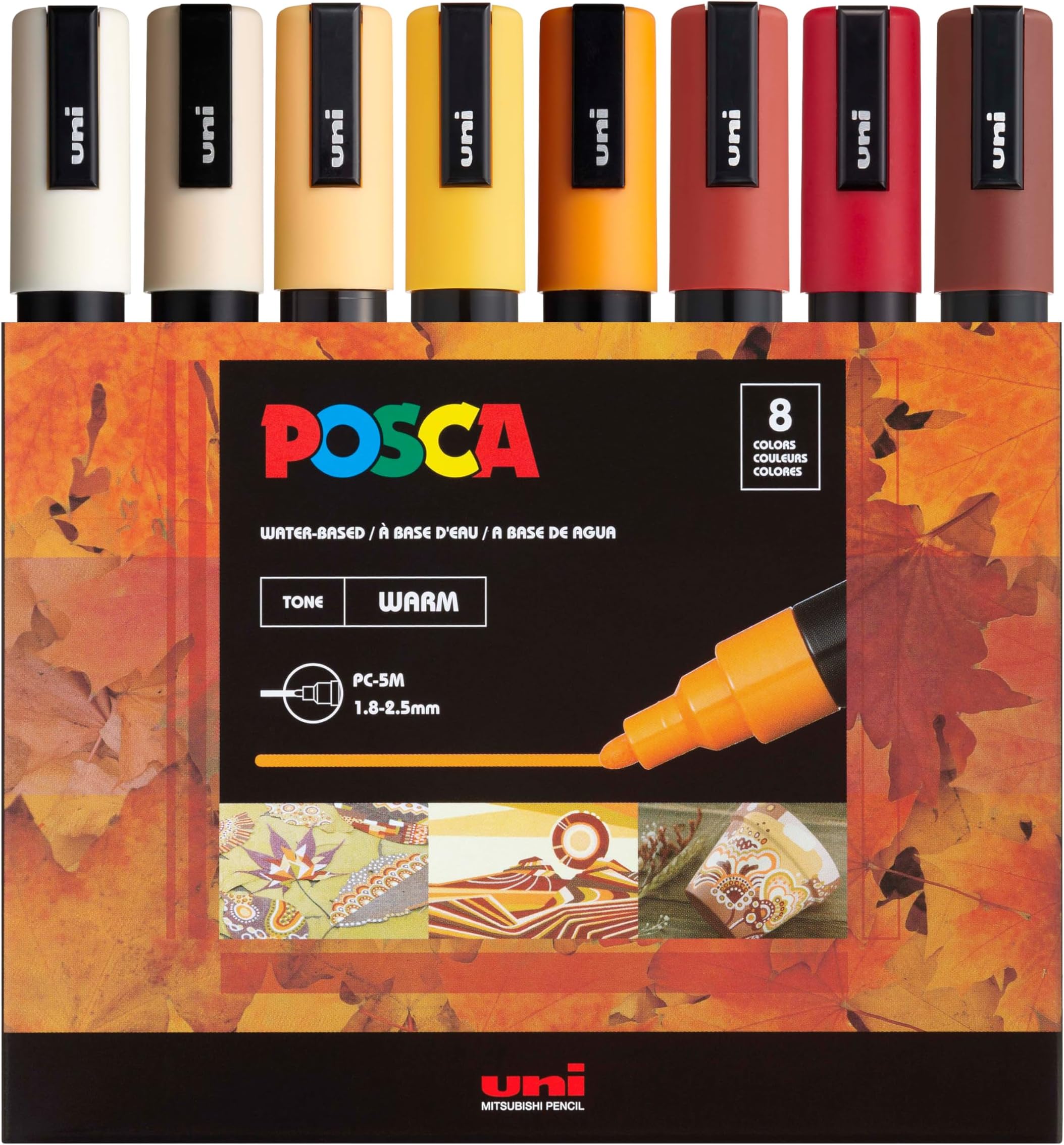 Markers Set, 8 Medium Paint Markers 5M – Warm Tones – Ivory, Beige, Apricot, Ochre, Bright Yellow, Ruby Red, Dark Red, Cacao Brown