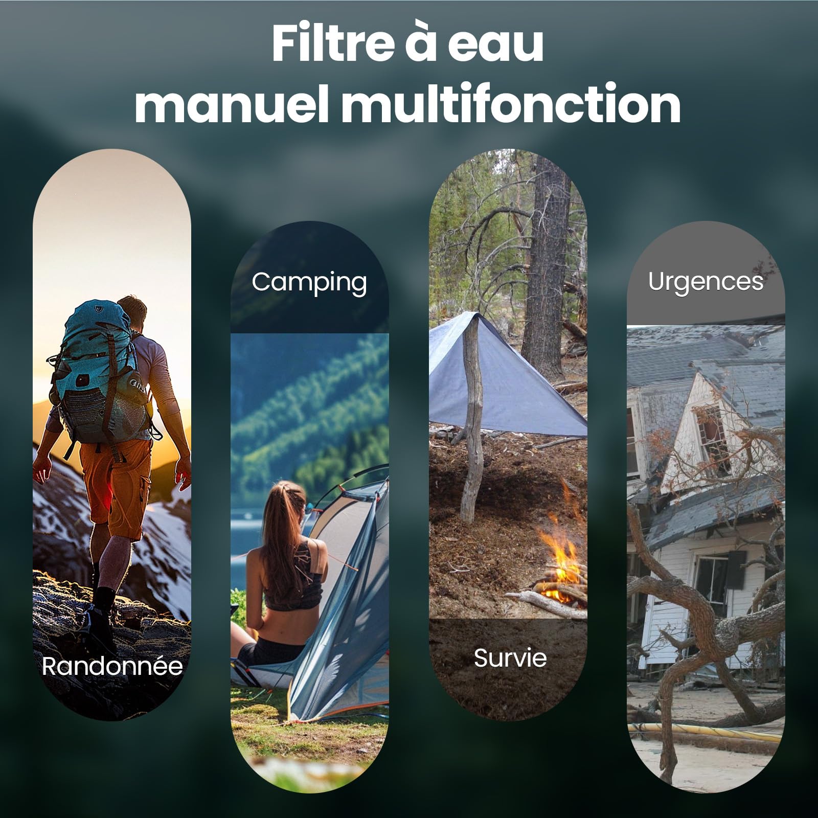 Filtres à eau pour extérieur survie avec filtre RO - Purificateur d'eau avec capacité de filtration de 10000 L Pompe portable Filtres à eau pour camping et randonnée (Vert armée)
