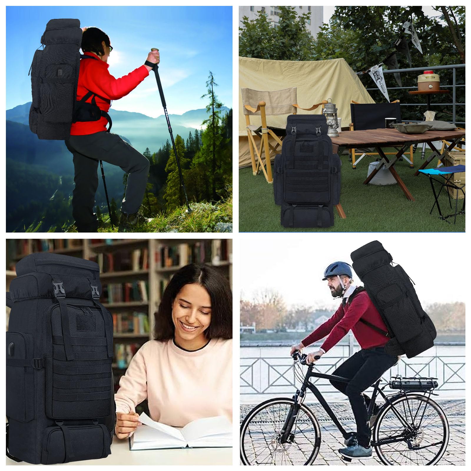 80L campeggio Trekking zaino, Zaino tattico militare, grande zaino da trekking, resistente all'acqua Trekking zainetto, borse sportive regolabili (nero)