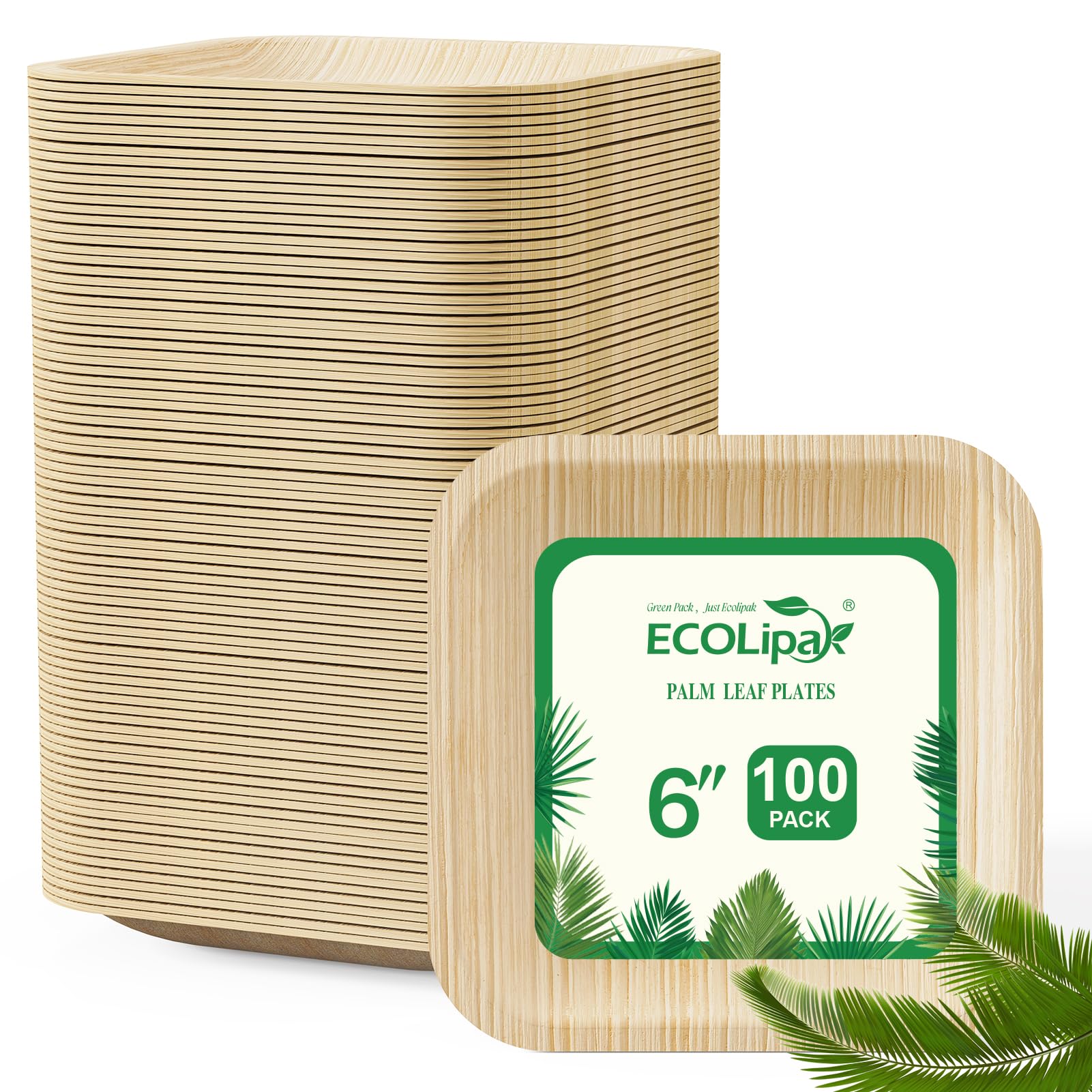 ECOLipak 6 Inch Compostable Palm Leaf Plate Like Bamboo Plate, 100 Pack Disposable Biodegradable Plates Suitable for Party, Dinner