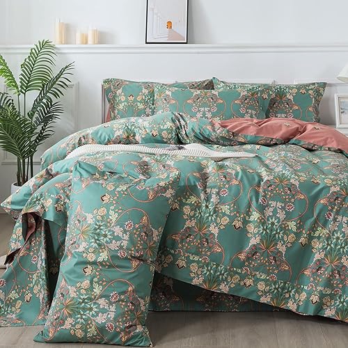FADFAY Juego de funda de edredón con cierre de botón, ropa de cama floral, tamaño KingCal King, 100% algodón de 600 hilos, estilo desgastado,