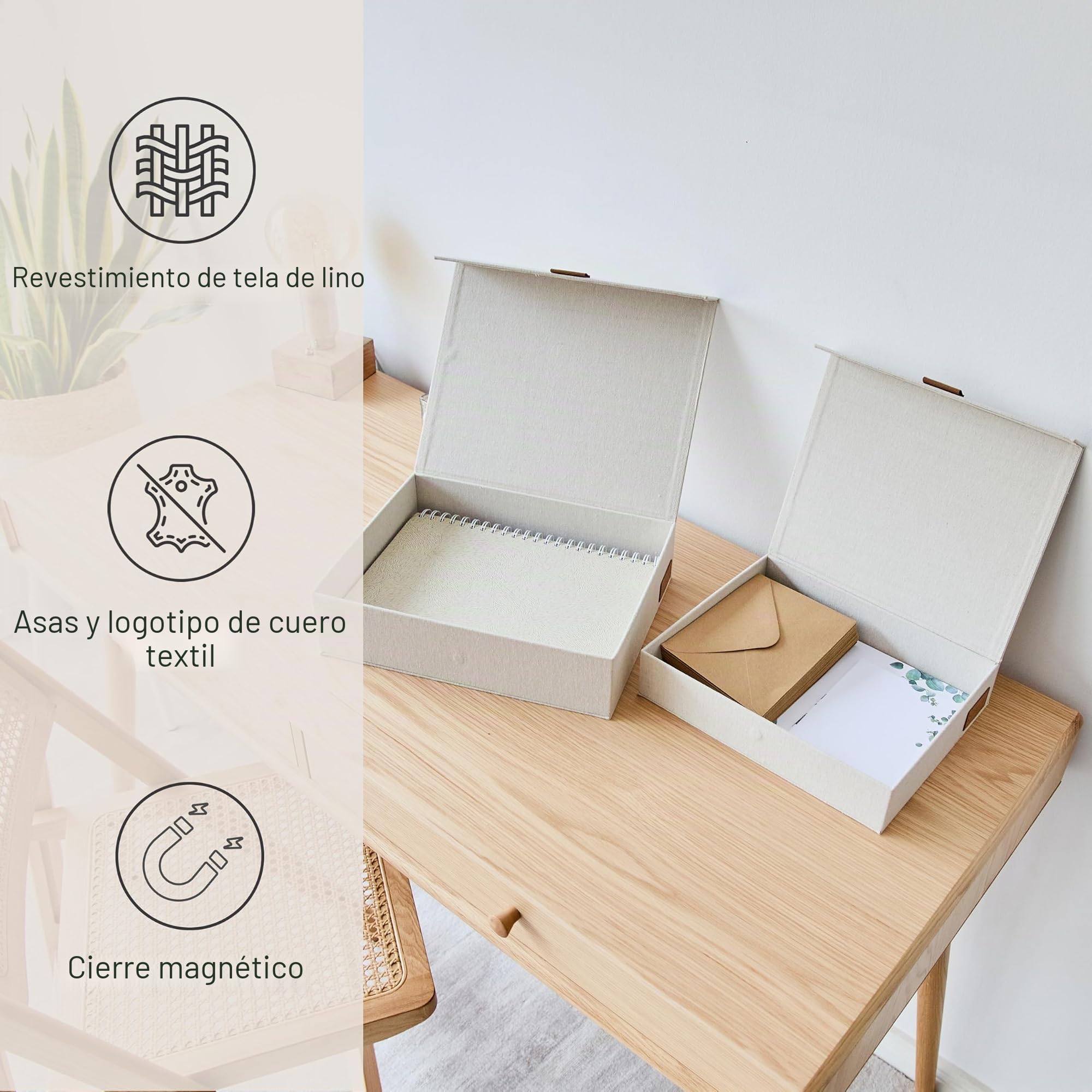 LOVE !T STORE !T 2 cajas de almacenamiento premium con tapa – Caja de documentos – A4 – Tela de lino – Cierre magnético – Tapa abatible – Beige – 28 x 23 x 6 cm & 31 x 25 x 8 cm | Caja organizadora con tapa magnética de lino, ideal para papel A4, 2 cajas