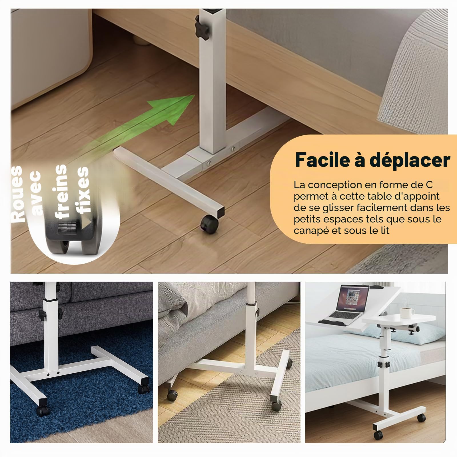 Bureau avec Roues, Bureau Table Informatique, Table de lit Roulette Réglable en Hauteur Table Roulante pour Lit Canapé avec Bandes Antidérapantes, Pliable 60X40CM Blanc