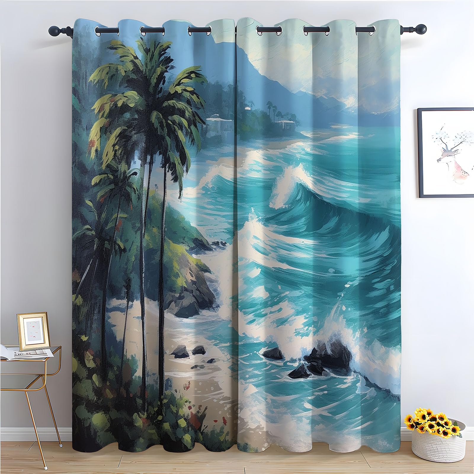 Rideaux cuisine motif plage tropicale bleue pour une ambiance évasion