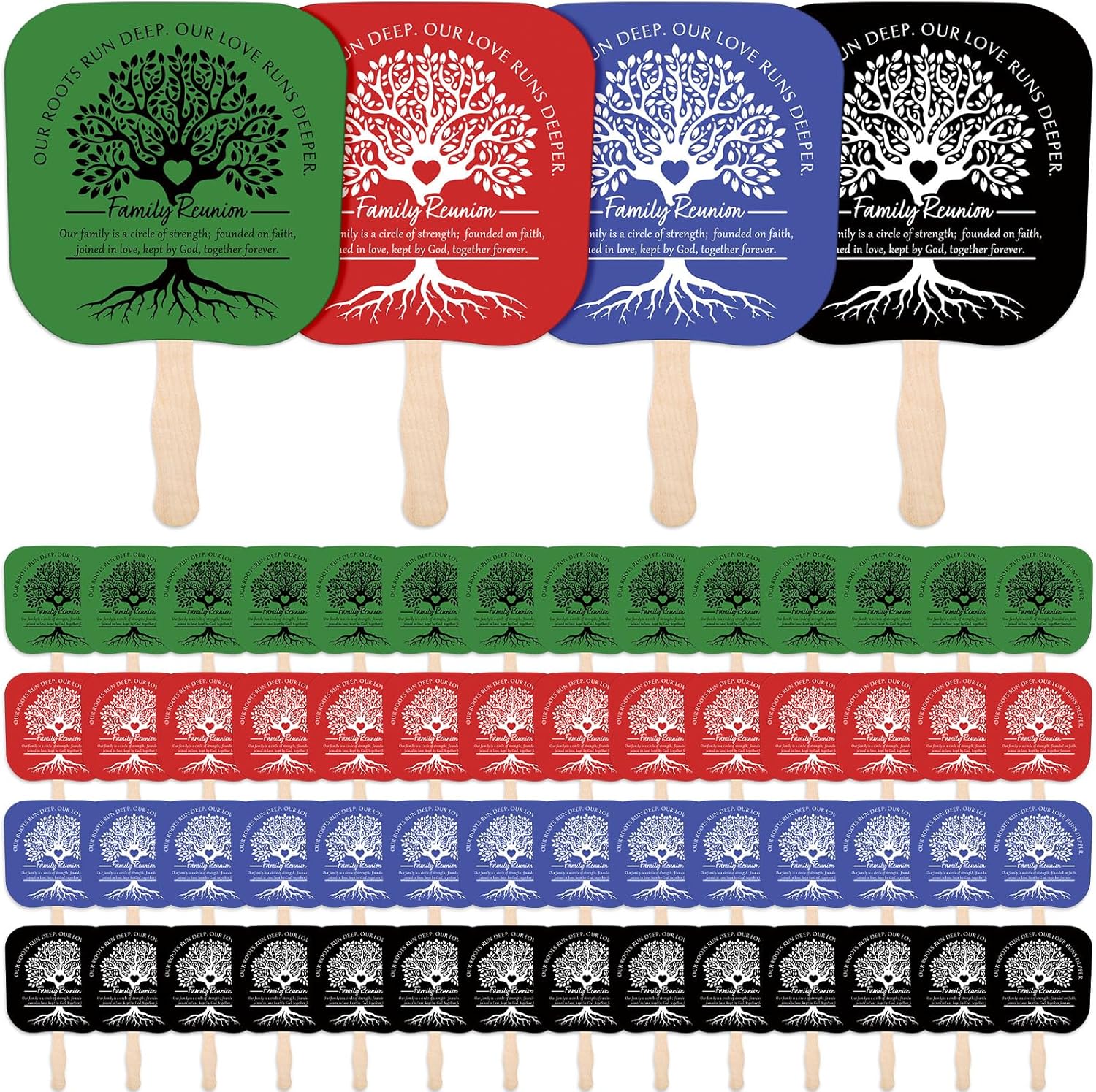 RattanView 48 Pcs Family Reunion Favors Remembering Our Roots Fans Plastic Handheld Tree Fan with Handle Family Reunion Decorations Gifts for Gathering Housewarming Wedding Adoption Anniversary Party