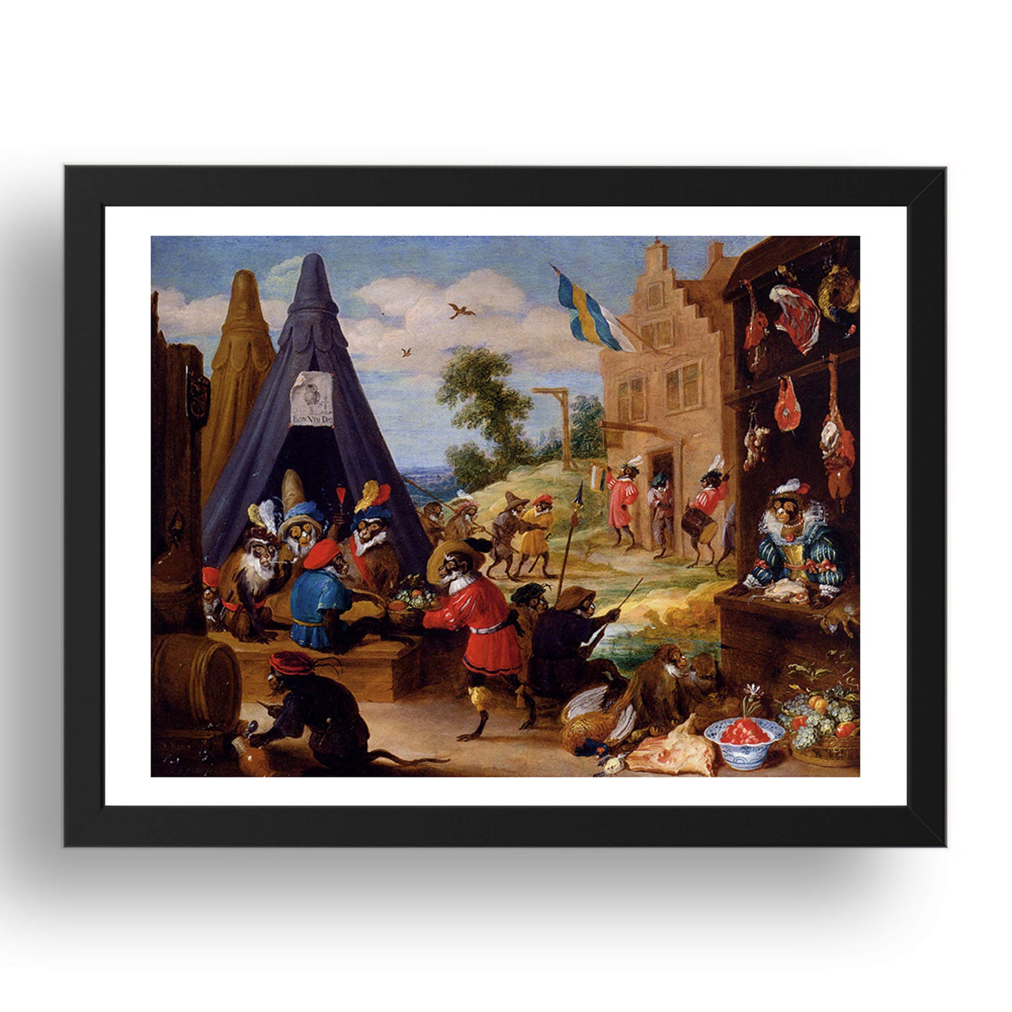 TENIERS David the Younger: A Festival 0f Scimmie, arte vintage, riproduzione A2 in cornice nera 24x17 pollici
