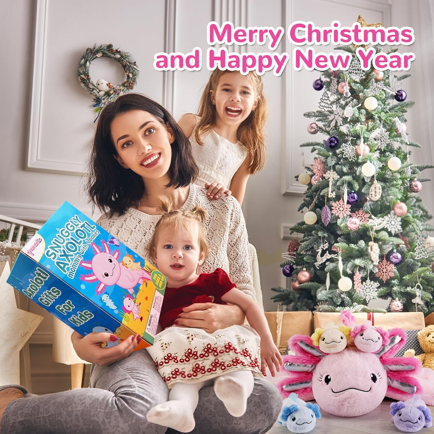 gnomantic 5 Pieces Axolotl Stuffed Animals with Babies Inside Belly - 1 Mommy Stuffed Axolotl with 4 Babies - Pink Axolotls Plush Toy for Kid Age 3-8, Gift Ideal for Christmas, Valentine's, Birthday