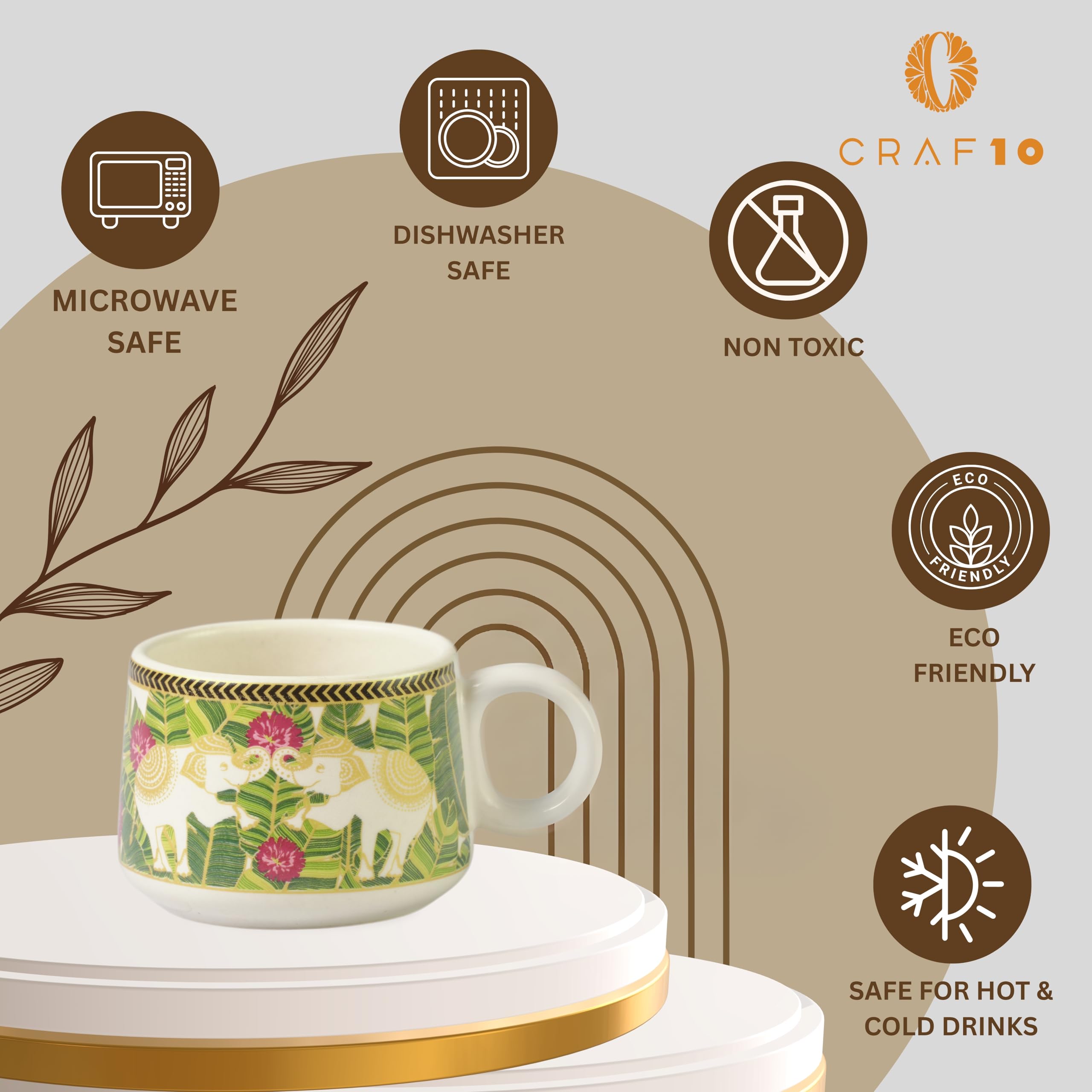 CRAF10 Ceramic Handcrafted Royal Elephant Printed Tea Morning Set - 1 Kettle (1 Litre) & 6 Cups (160 ML) | Microwave & Dishwasher Safe | Teapot | Tea Sets with Kettle for Gifting 3