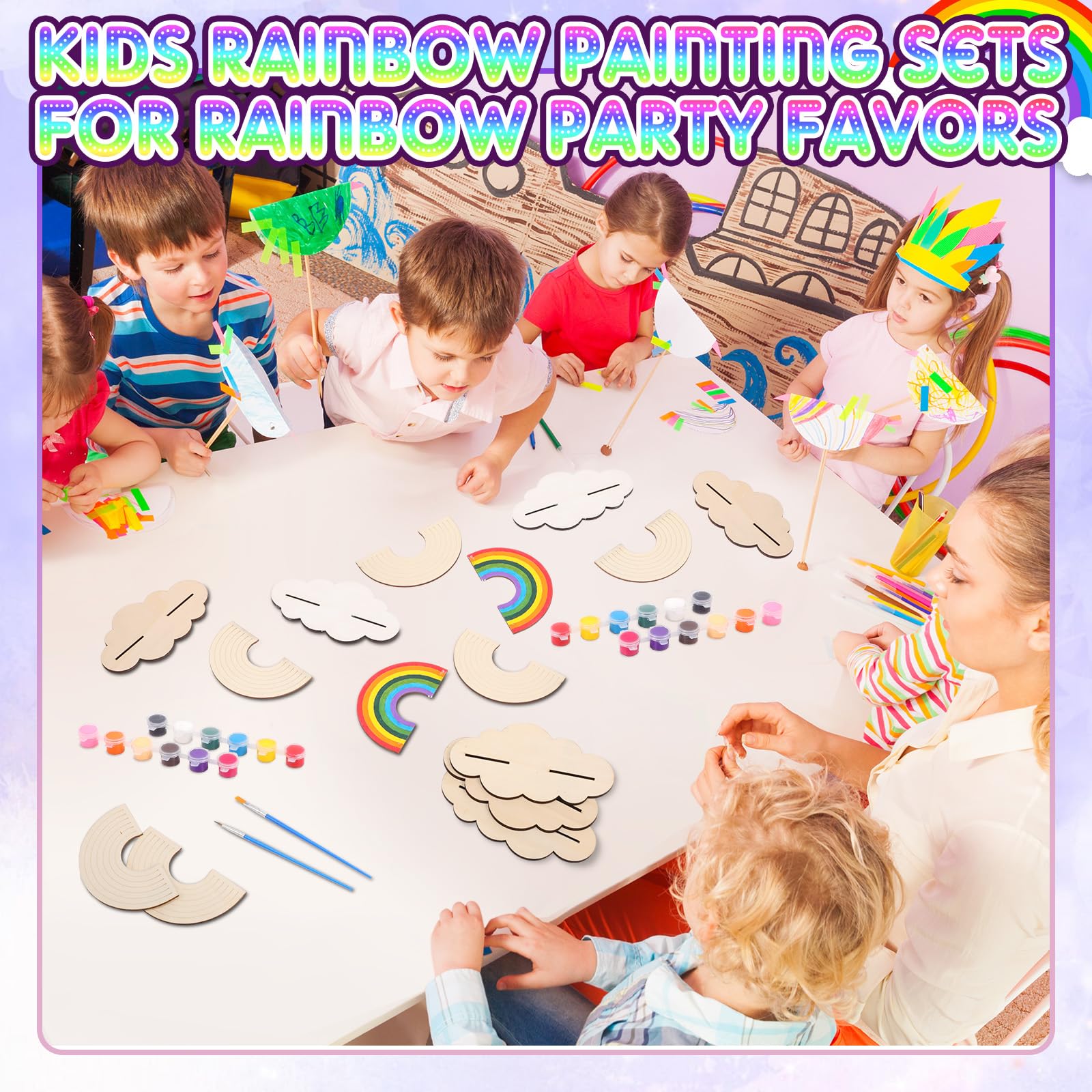Blueweenly Set di 24 set di pennelli per pittura arcobaleno per bambini, per bomboniere, kit di pennelli per pittura in legno, regali di ritorno per feste di compleanno, forniture per lezioni, kit
