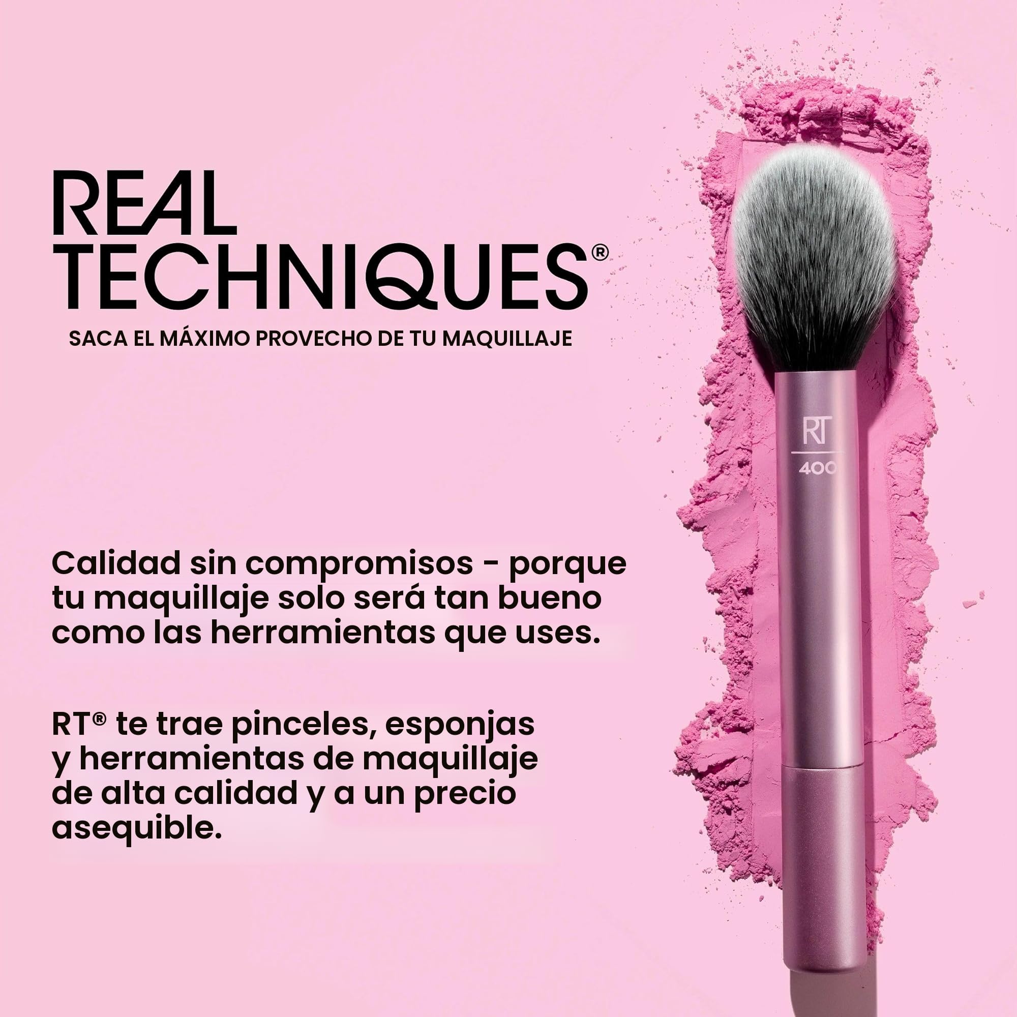 REAL TECHNIQUES Tapered Cheek Makeup Brush, Blush, Highlighter, Loose Powder, Soft Bristles, Pink