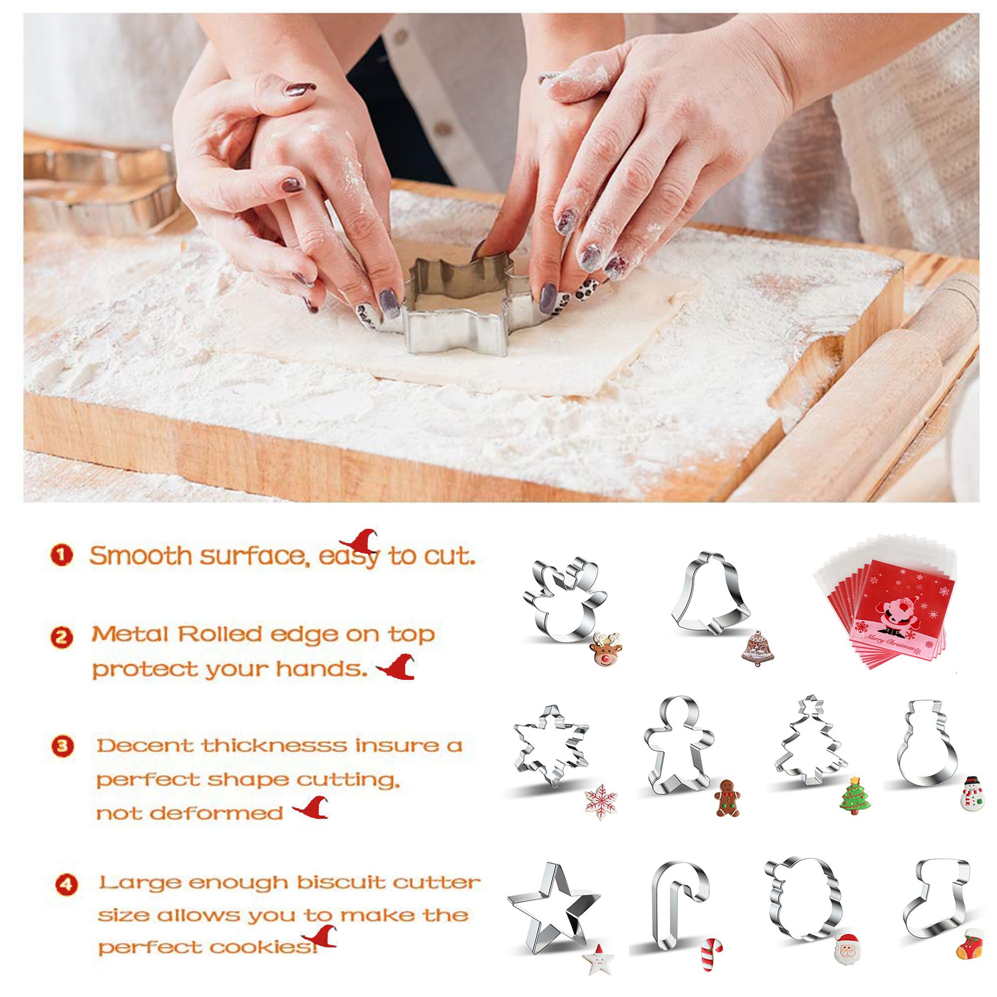Juego de 10 cortadores de galletas de Navidad de acero inoxidable con Papá Noel, copo de nieve, ciervo, árbol de jengibre, muñeco de nieve, calcetín con 100 bolsas de dulces autoadhesivas para