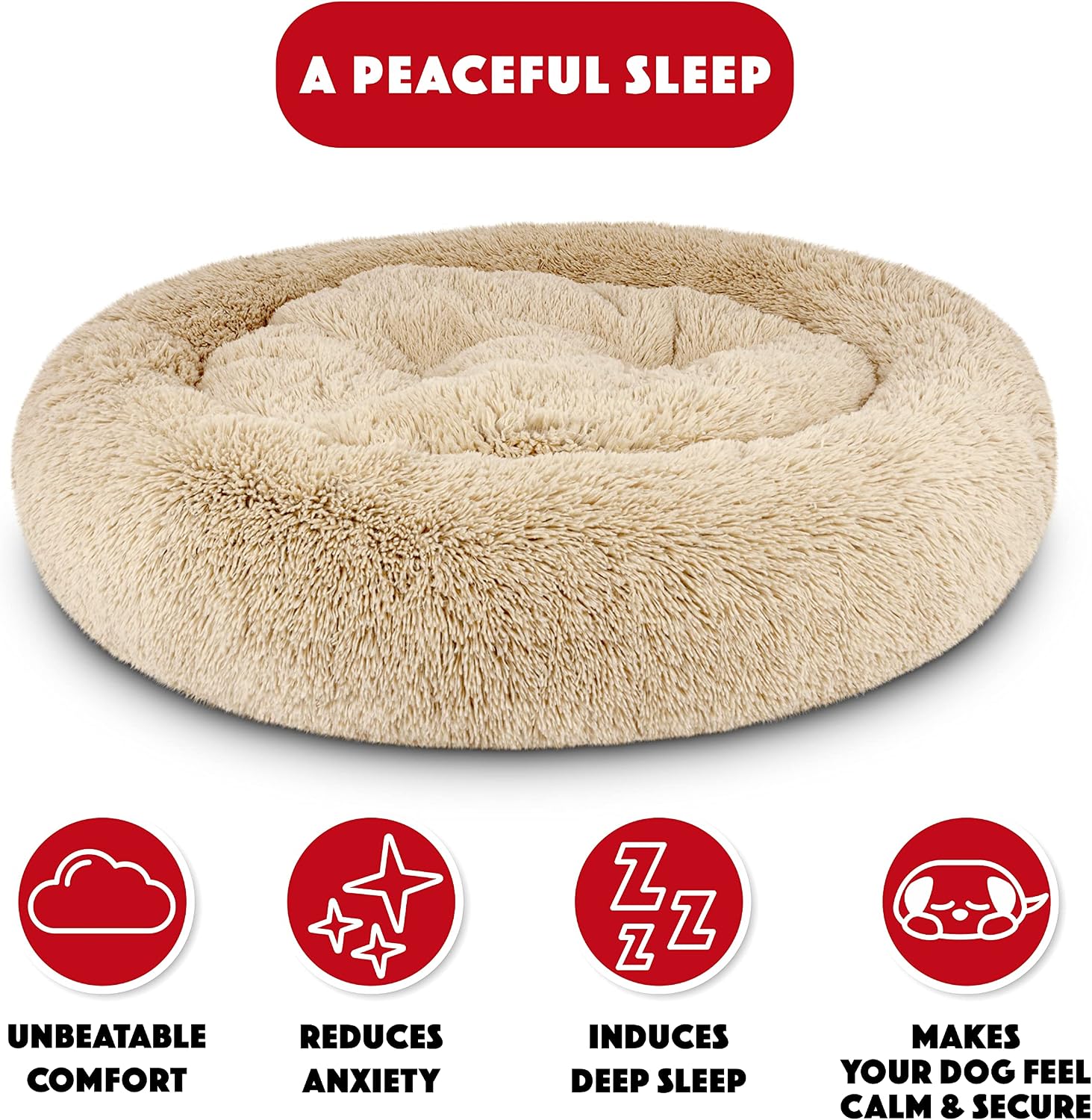 The Dog’s Bed Calming Donut Dog Bed, Plush Faux Fur Round Cuddler Nest, Removable Washable Zip Cover – XL (45"), Beige
