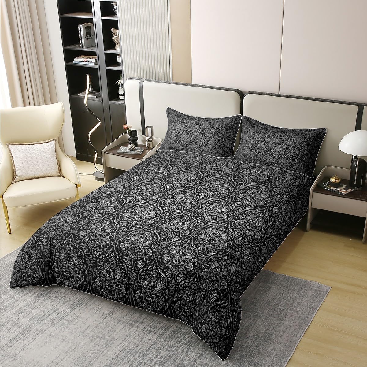100 Percent Cotton Black Grey Ombre Gothic Bedding Set for Adults Men Super King,Antique Victorian Baroque Floral Comforter Cover Boho Damask Duvet Cover Exotic Floral Bohemian Bedspread Cover - Image 2