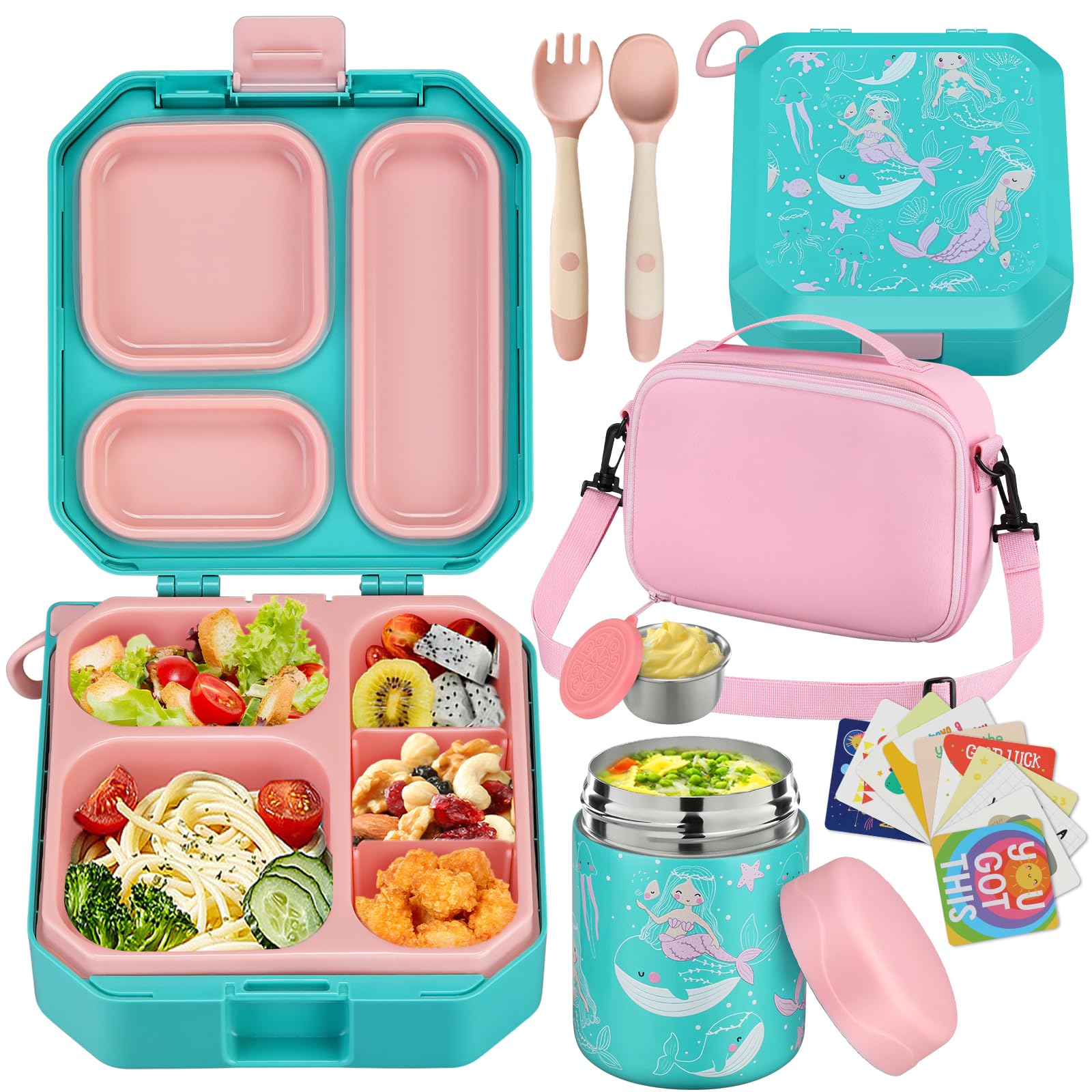 wiwens Bento Lunch Box for Kids with 12oz Soup Thermo Leak-Proof Lunch Food Container with 5 Compartment Thermo Hot Food Jar and Insulated Lunch Bag for Kid Toddler Girls Boys to School